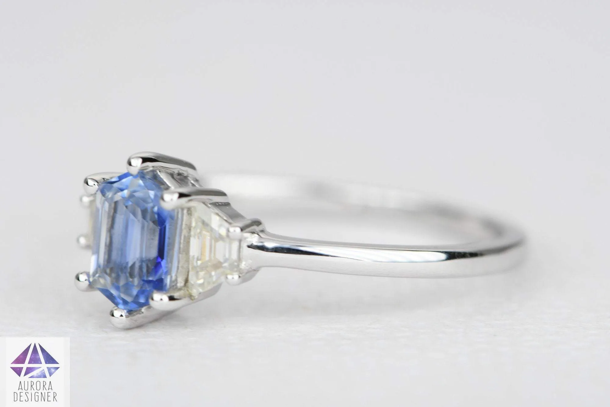 Hexagon Blue Sapphire Moissanite Ring