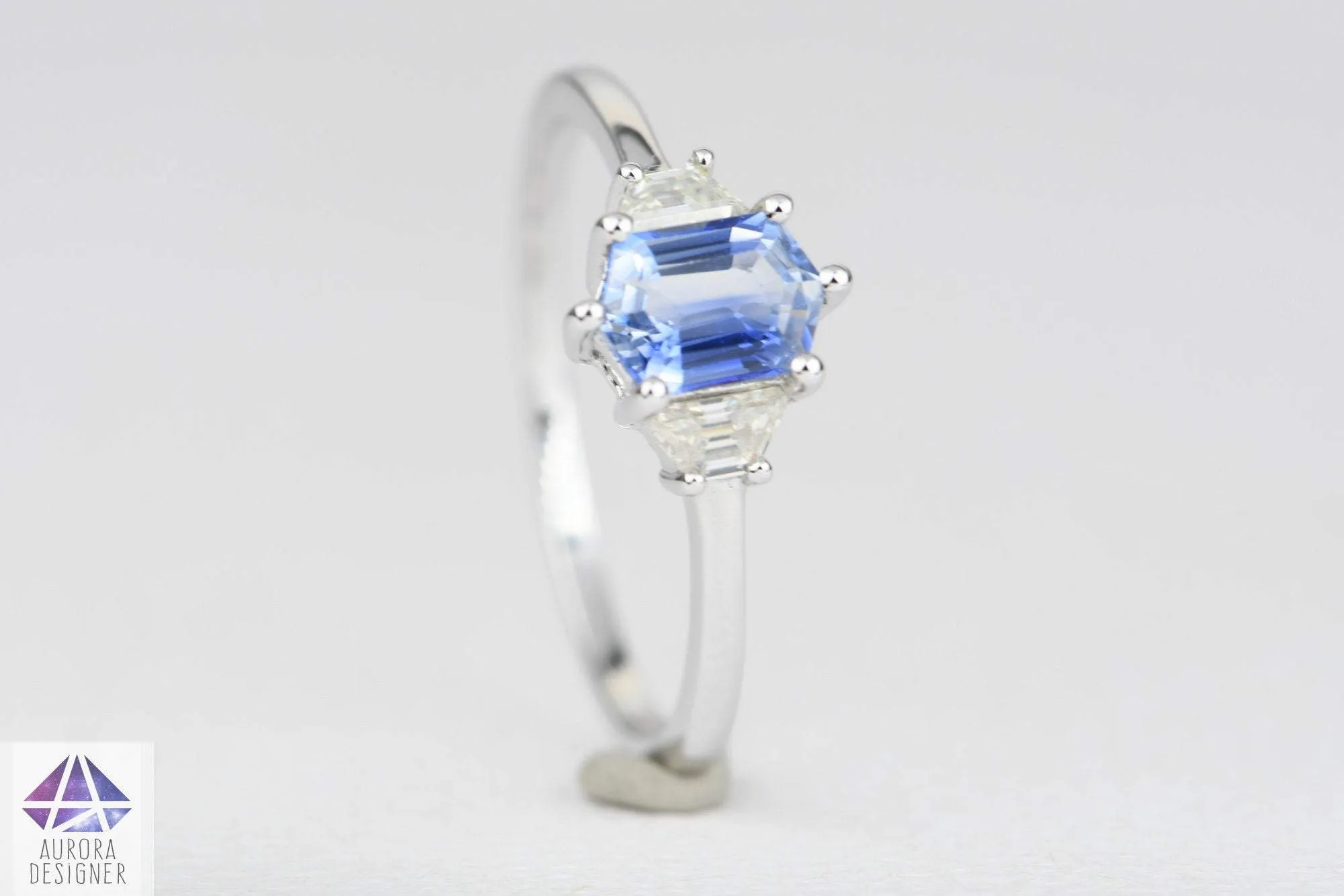 Hexagon Blue Sapphire Moissanite Ring