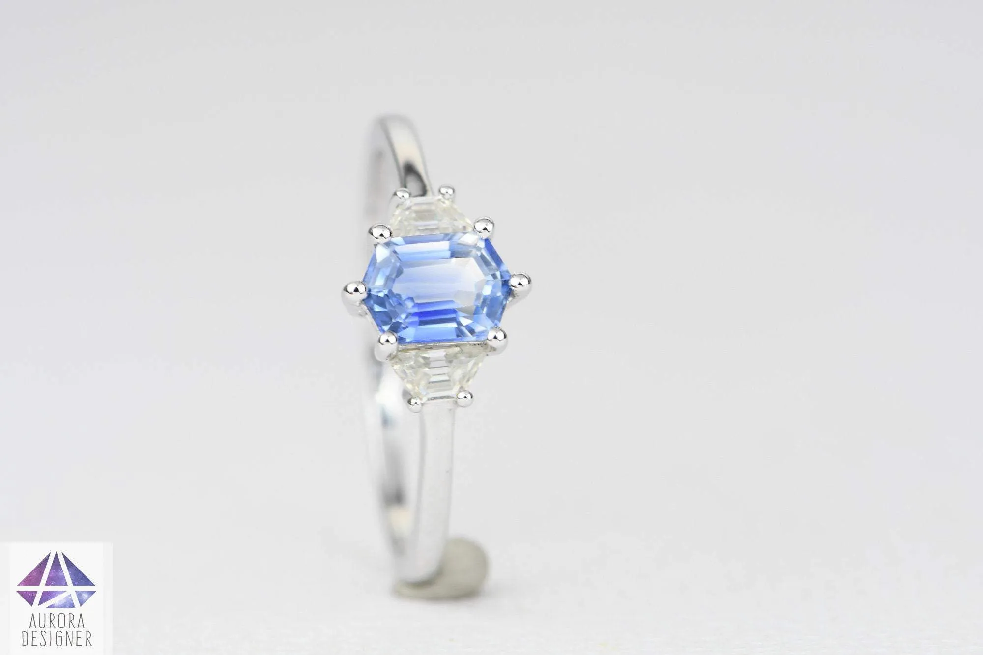 Hexagon Blue Sapphire Moissanite Ring