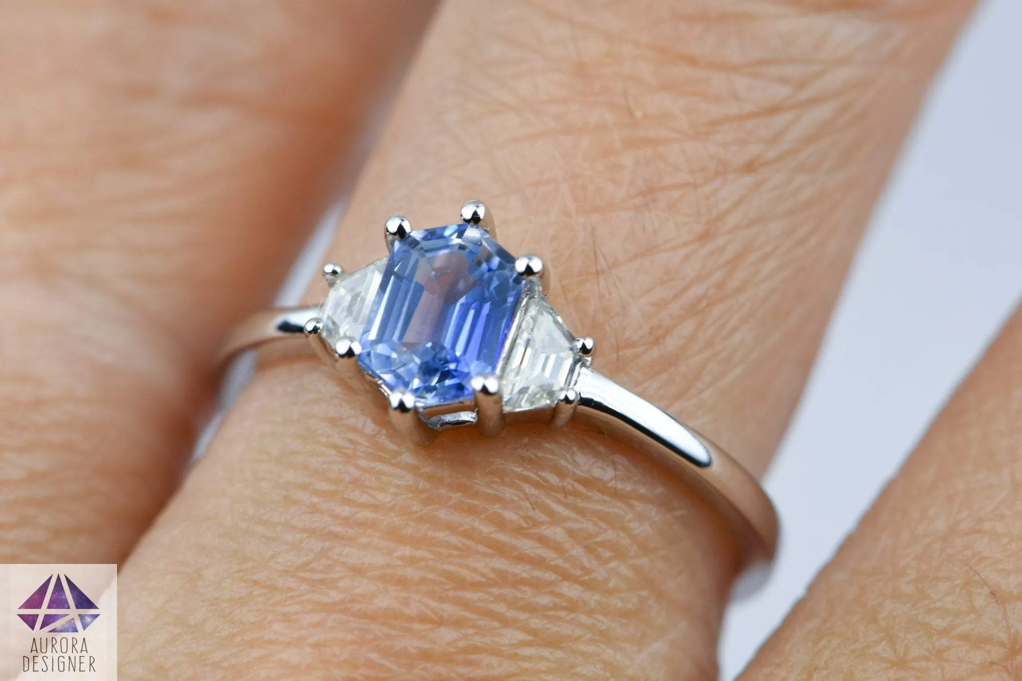 Hexagon Blue Sapphire Moissanite Ring