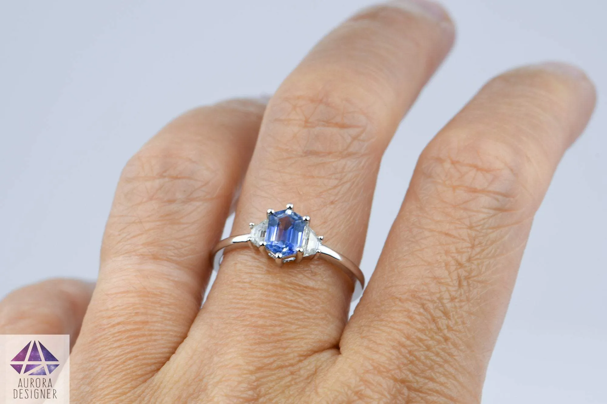 Hexagon Blue Sapphire Moissanite Ring