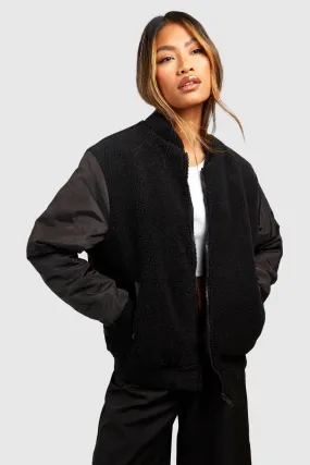 Teddy Mix Bomber Jacket | boohoo