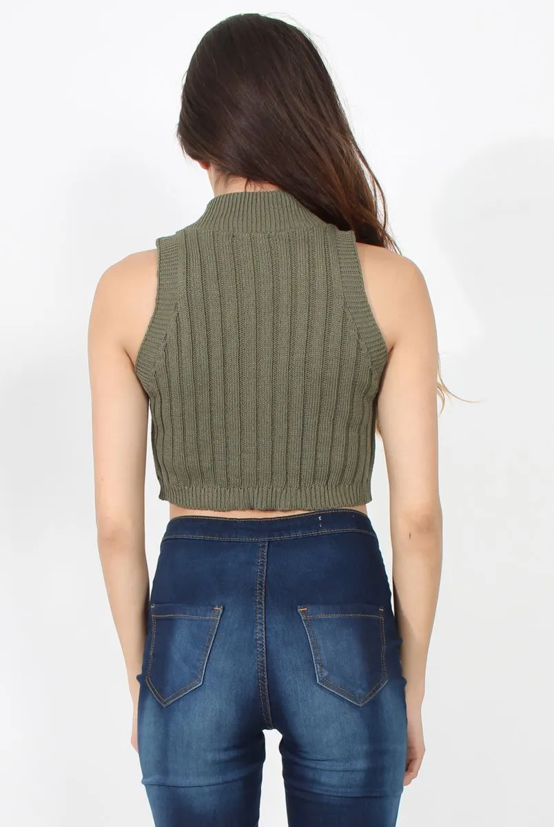 Women's High Neck Knit Top in Khaki