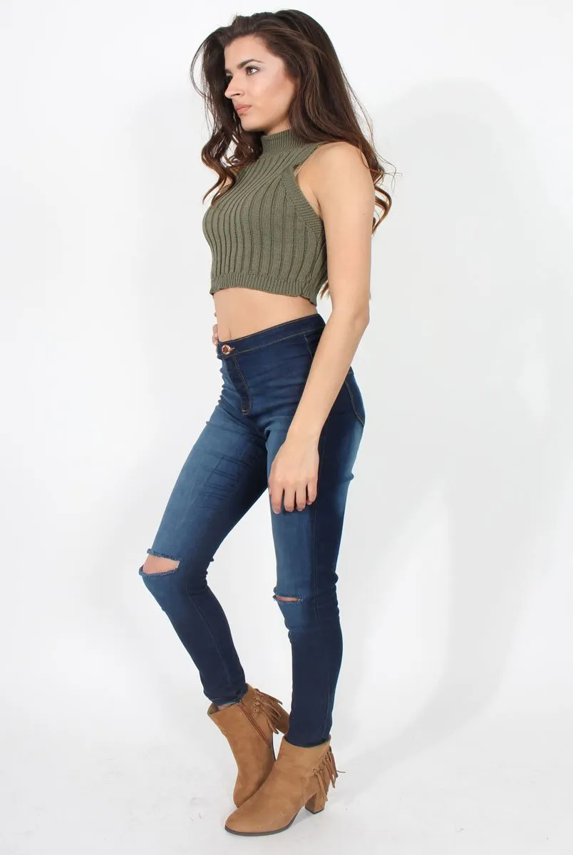 Women's High Neck Knit Top in Khaki