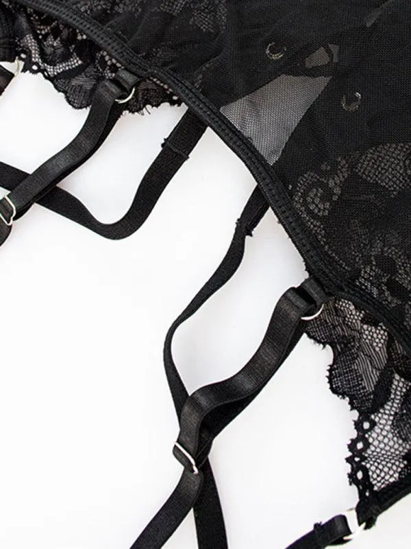 Deep V Lace Straps Garter Lingerie Set