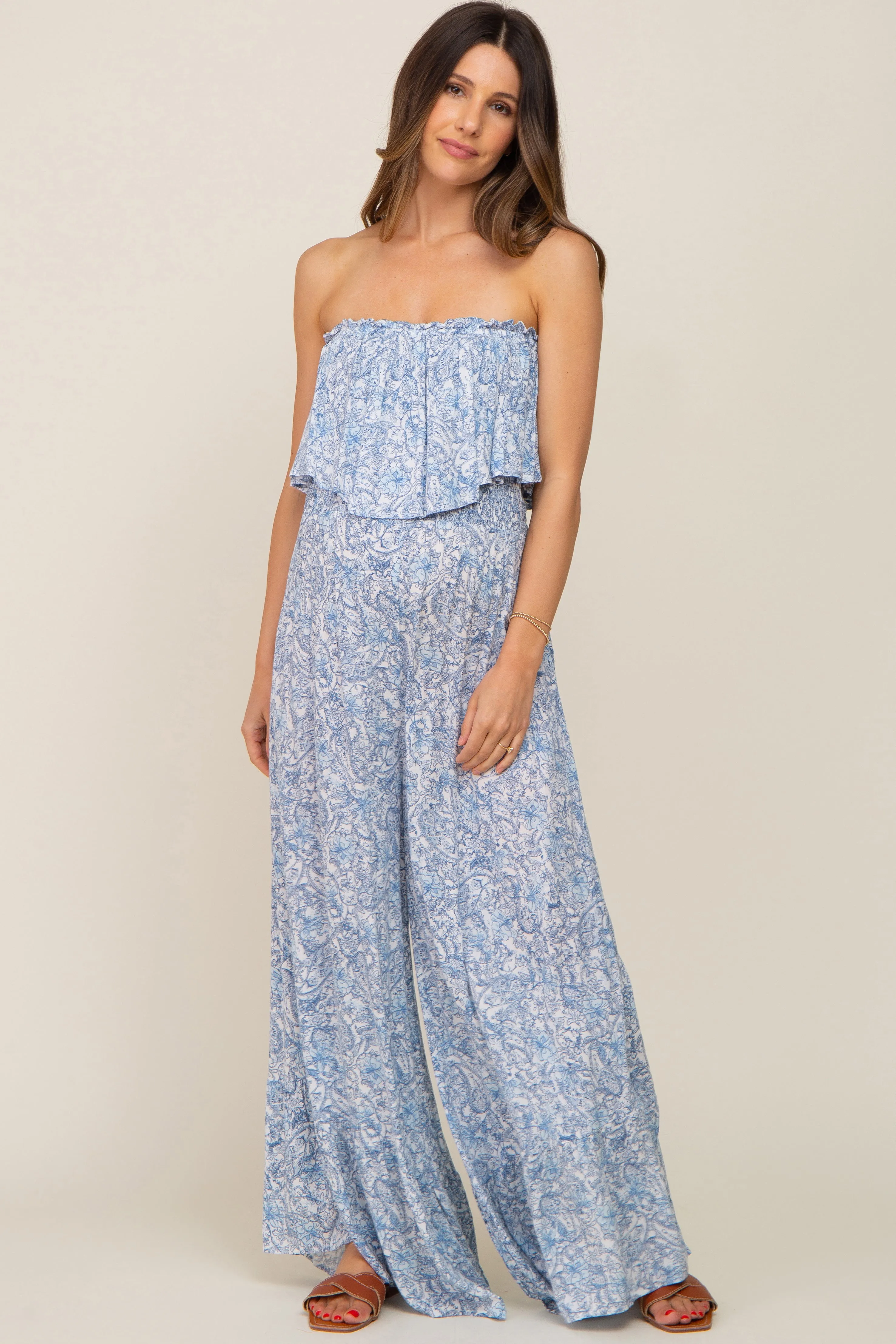 Light Blue Paisley Maternity Jumpsuit without Straps