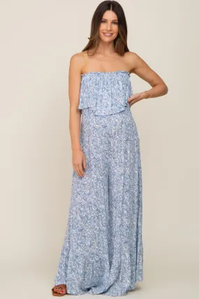 Light Blue Paisley Maternity Jumpsuit without Straps