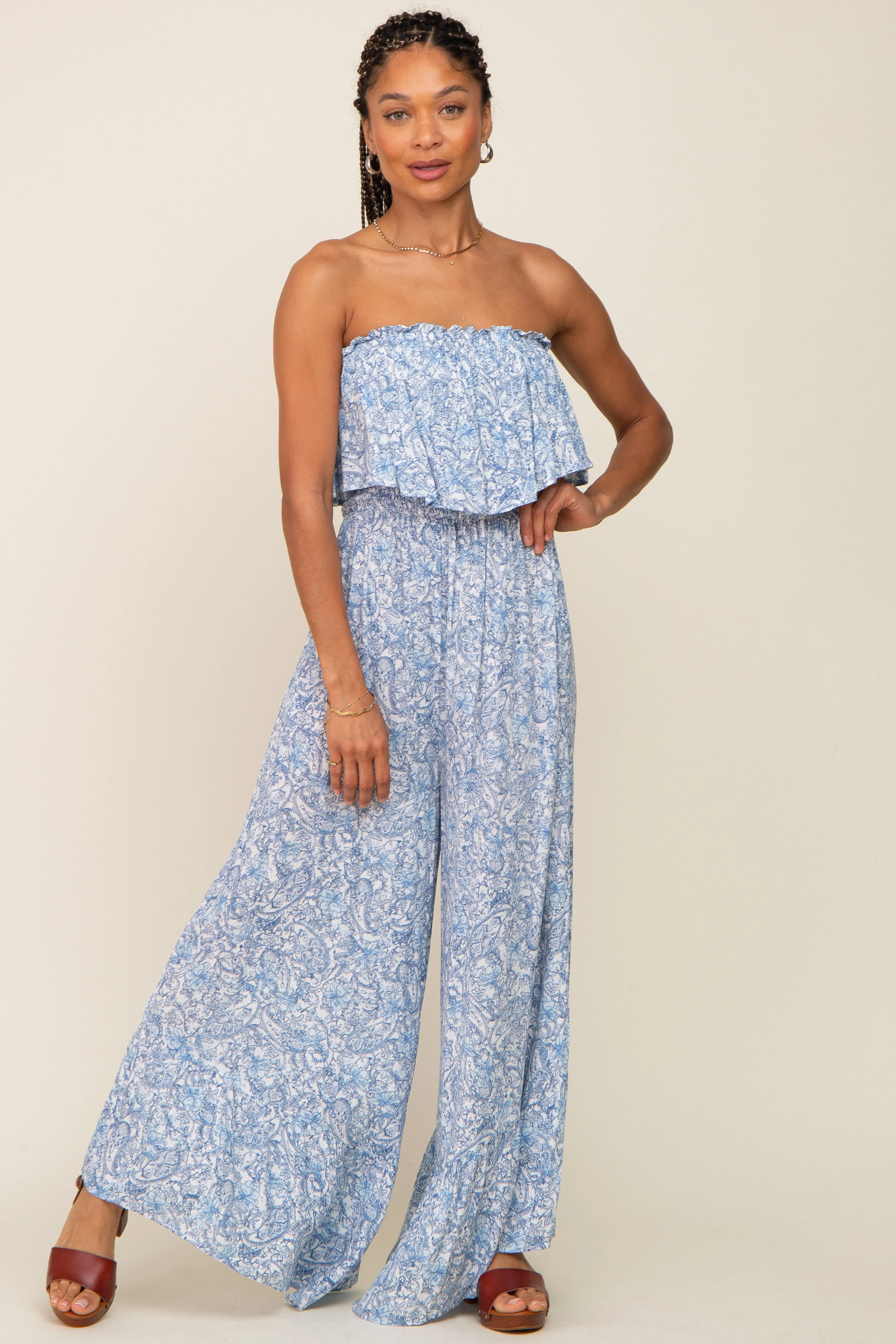 Light Blue Paisley Maternity Jumpsuit without Straps