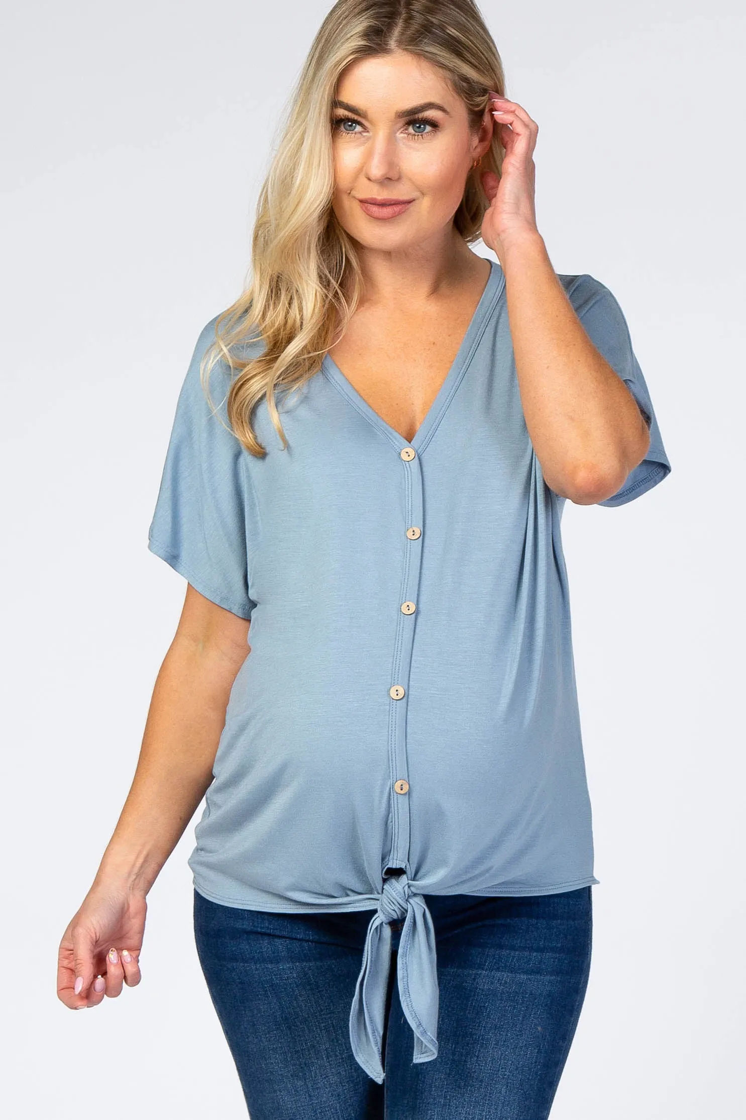 Light Blue Tie Front Short Sleeve Maternity Blouse