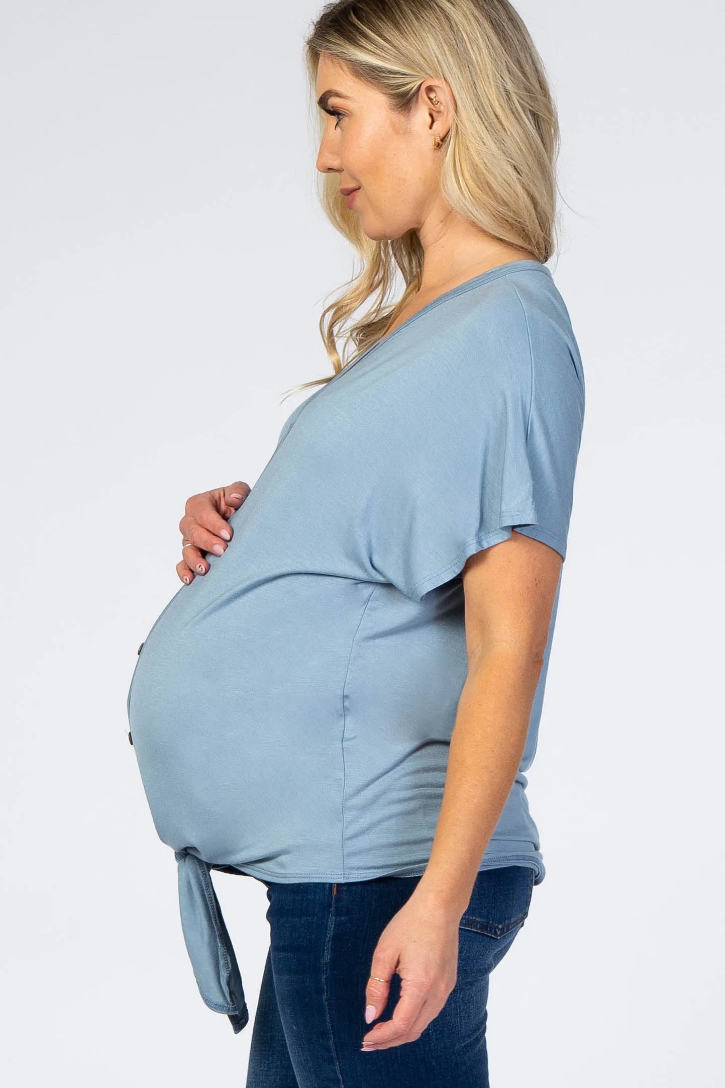 Light Blue Tie Front Short Sleeve Maternity Blouse