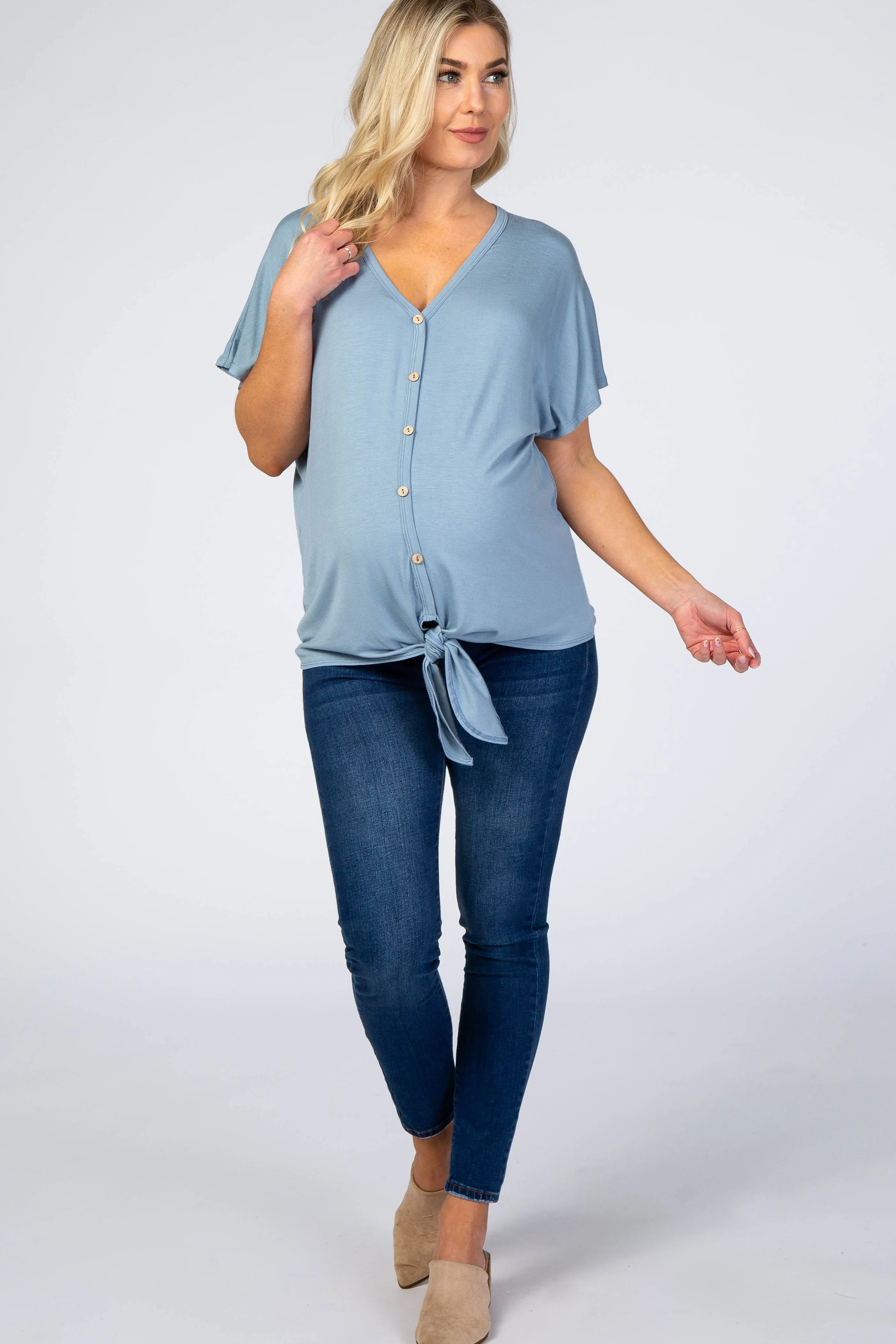 Light Blue Tie Front Short Sleeve Maternity Blouse