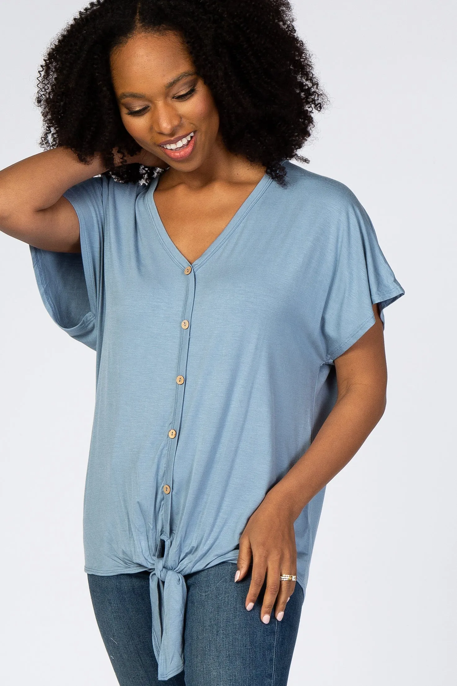 Light Blue Tie Front Short Sleeve Maternity Blouse