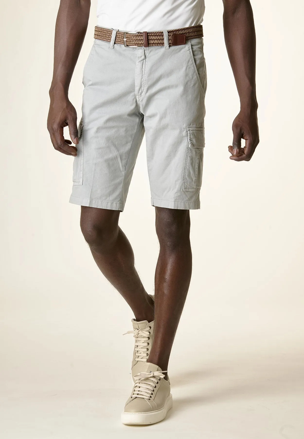 Light Grey Stretch Cotton Cargo Bermuda Shorts