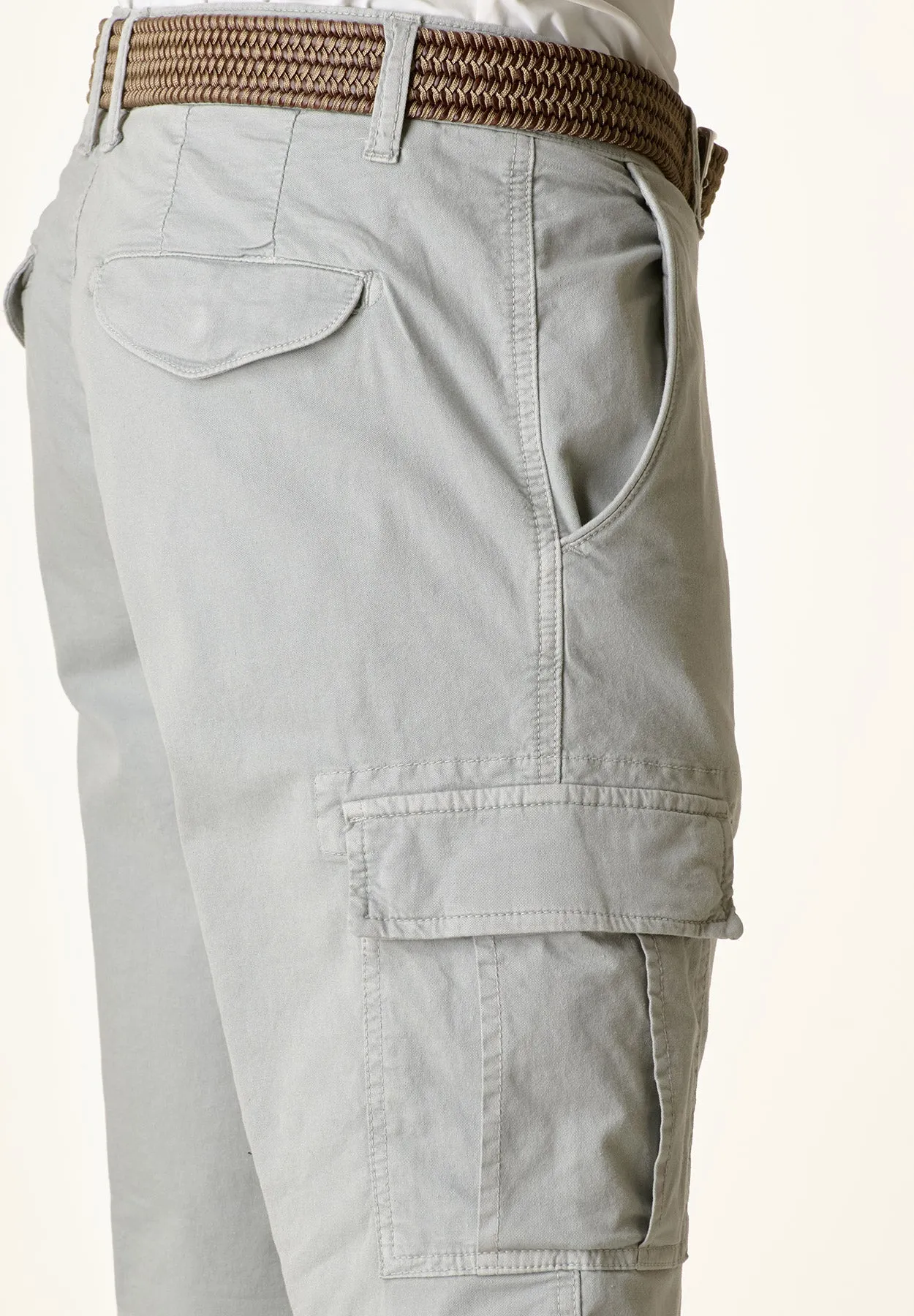 Light Grey Stretch Cotton Cargo Bermuda Shorts