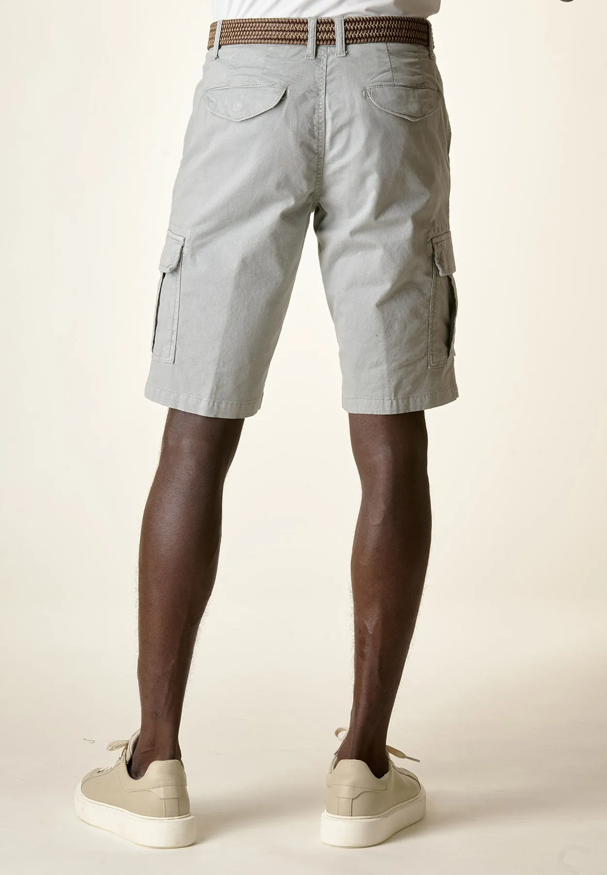 Light Grey Stretch Cotton Cargo Bermuda Shorts