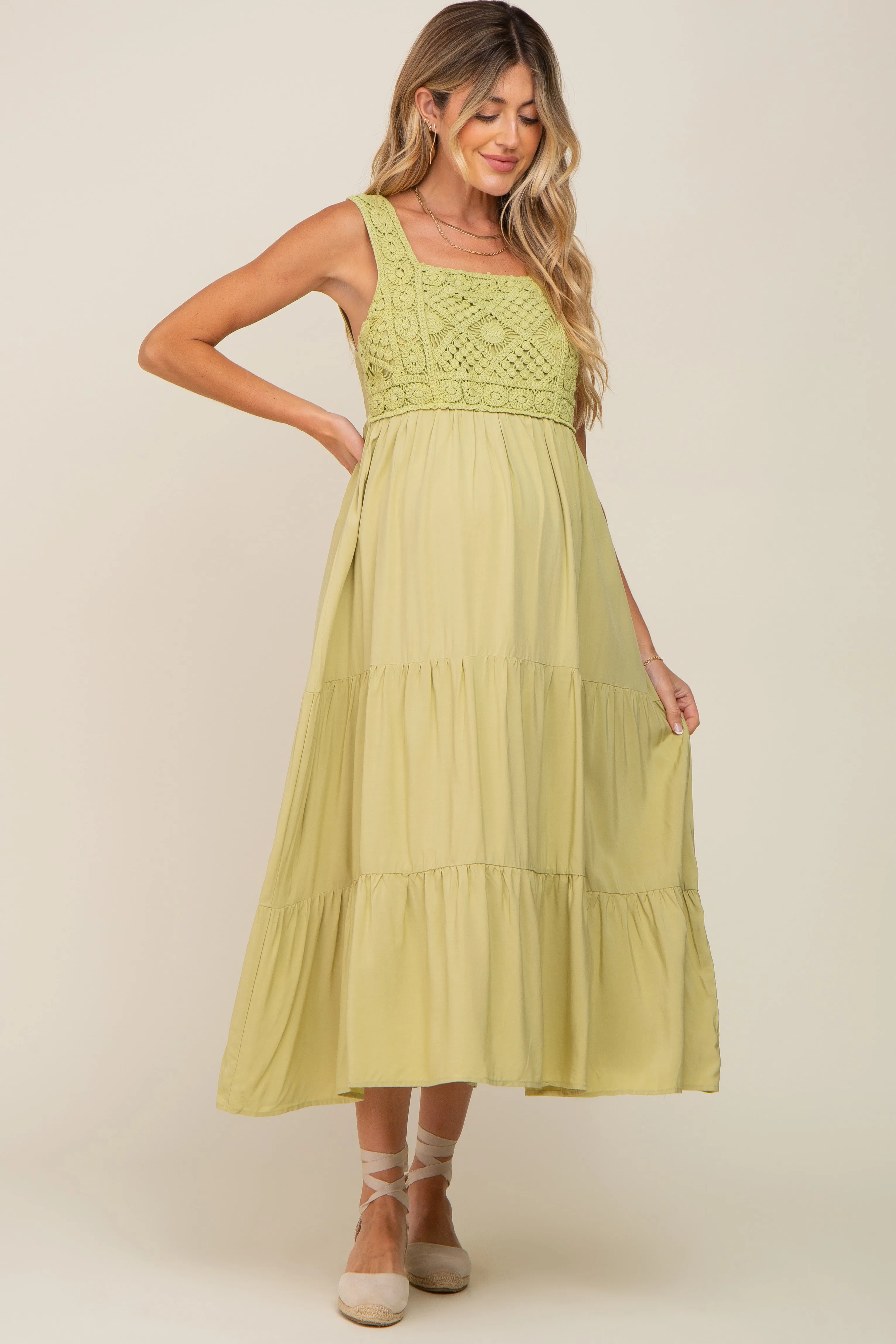 Maternity Midi Dress Lime Crochet Tiered