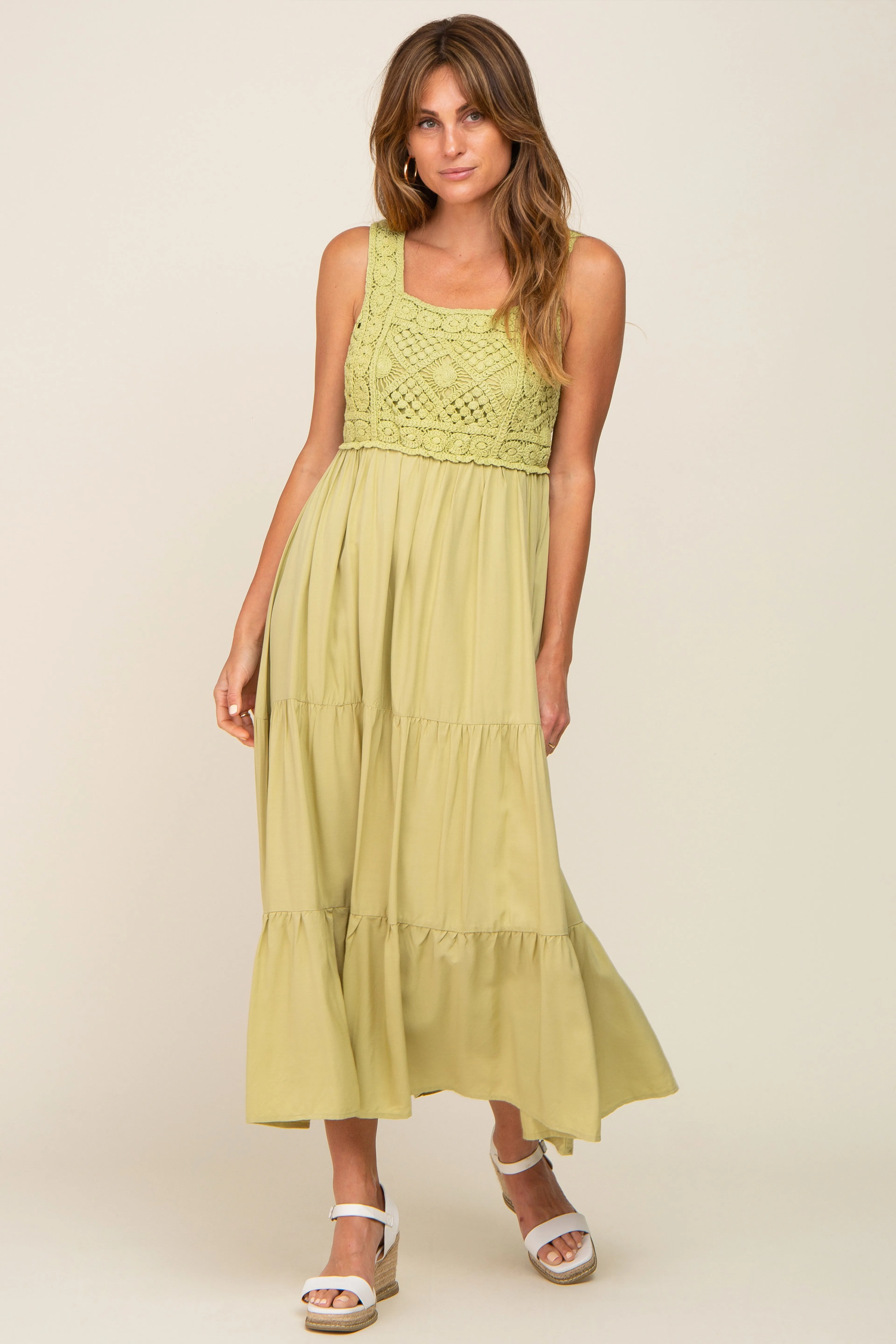 Maternity Midi Dress Lime Crochet Tiered