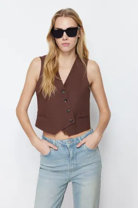 Limited Edition Crop Fitted Button Detailed Woven Linen Look Vest