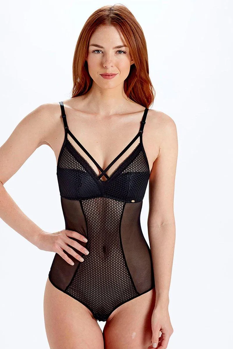 Diamond Mesh Non Wired Padded Body Lingerie in Black by Pretty Polly