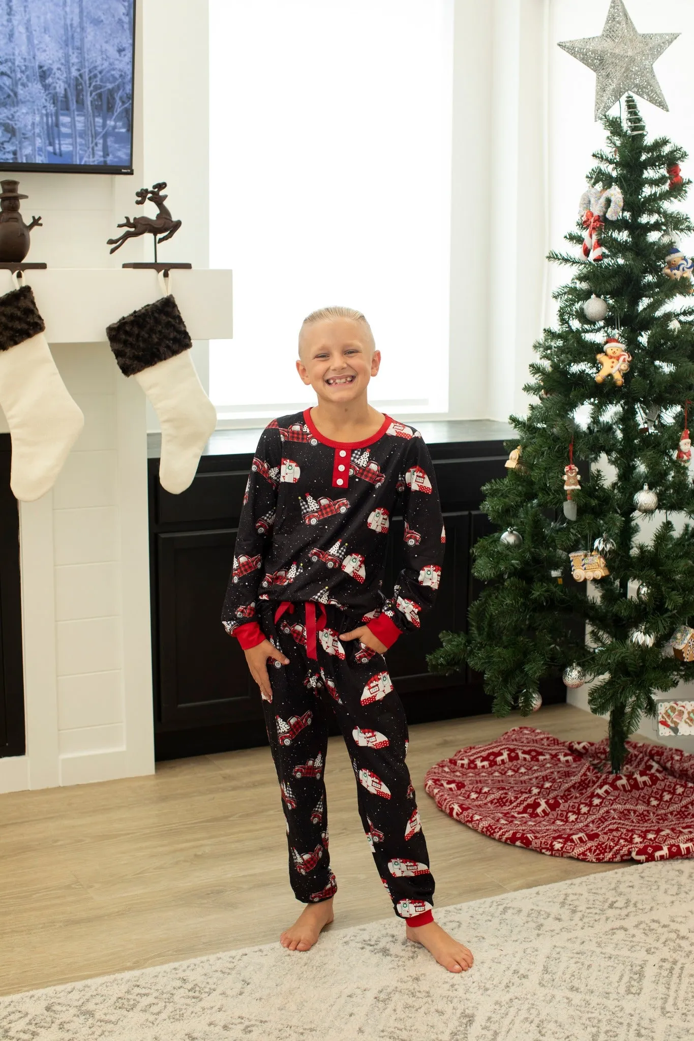 Long Sleeve Family Holiday Pajamas with Plaid Truck Design