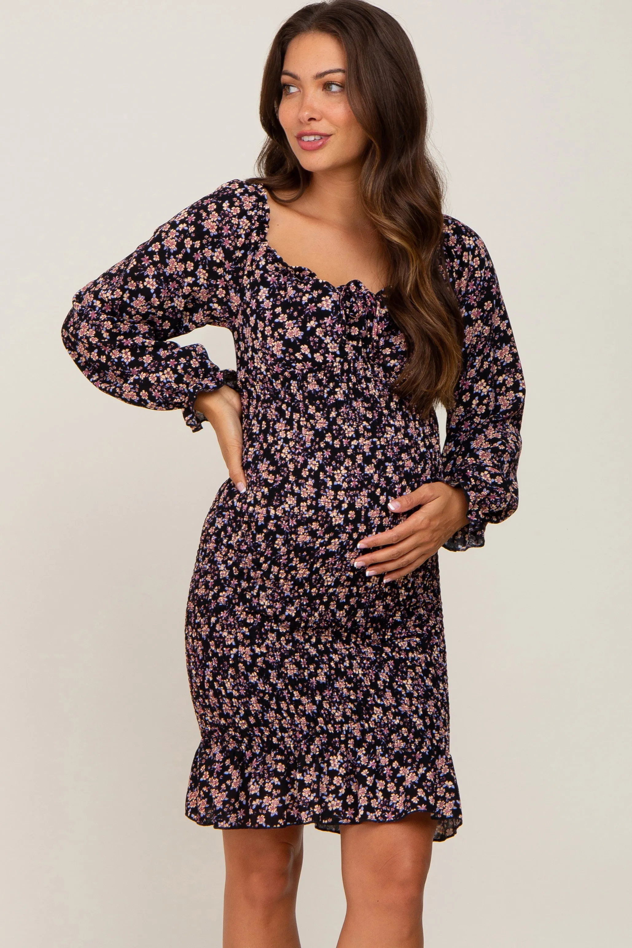 Long Sleeve Smocked Maternity Dress with Black Floral Print