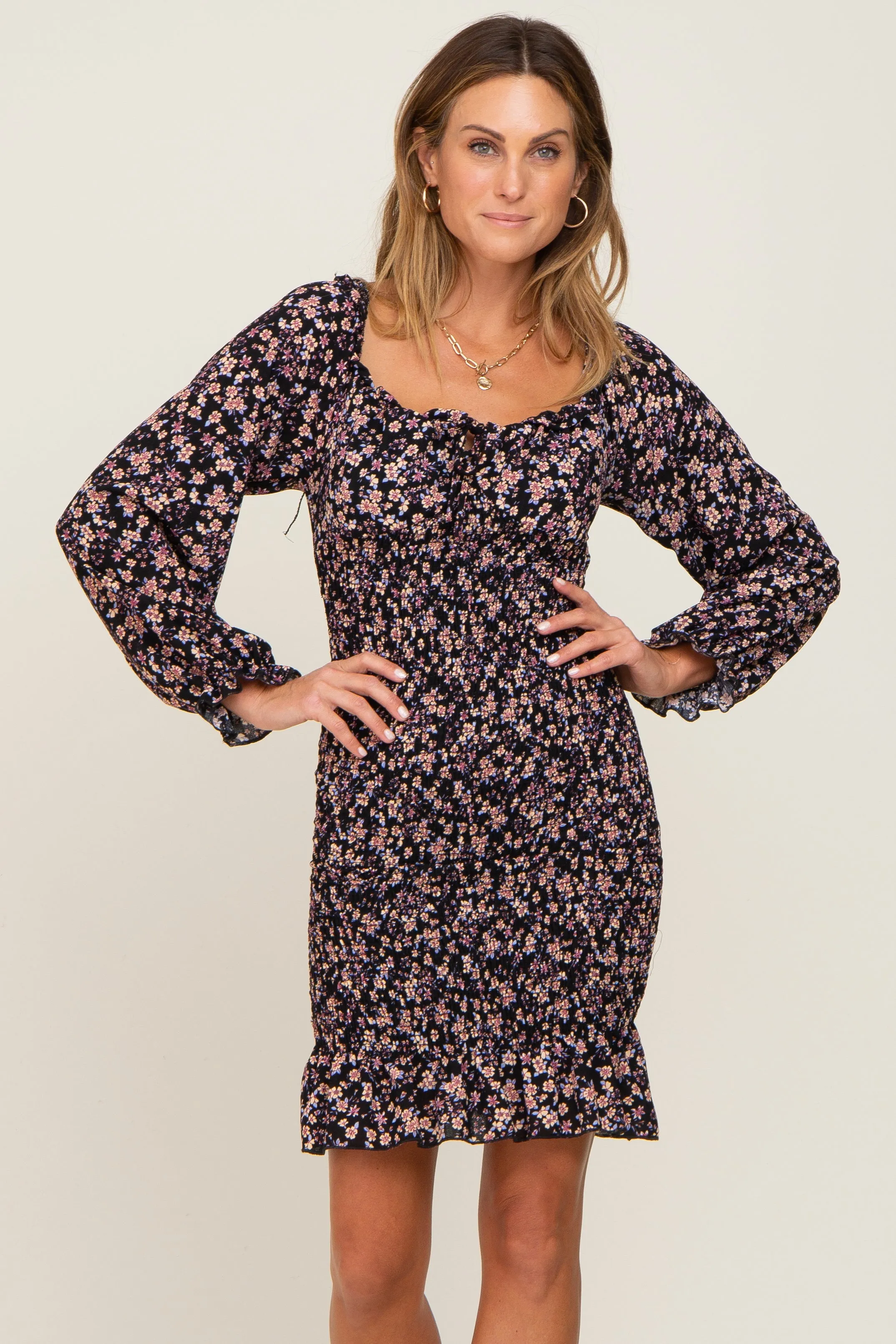 Long Sleeve Smocked Maternity Dress with Black Floral Print