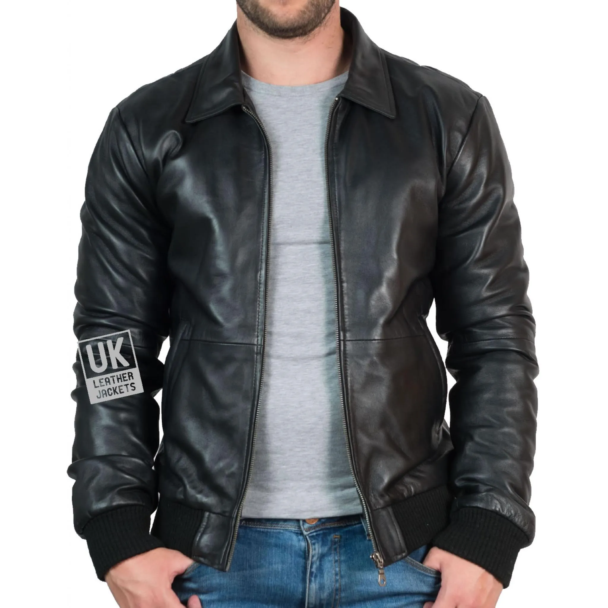 Men's Black Leather Bomber Jacket - Bristol | UK Leather Jackets