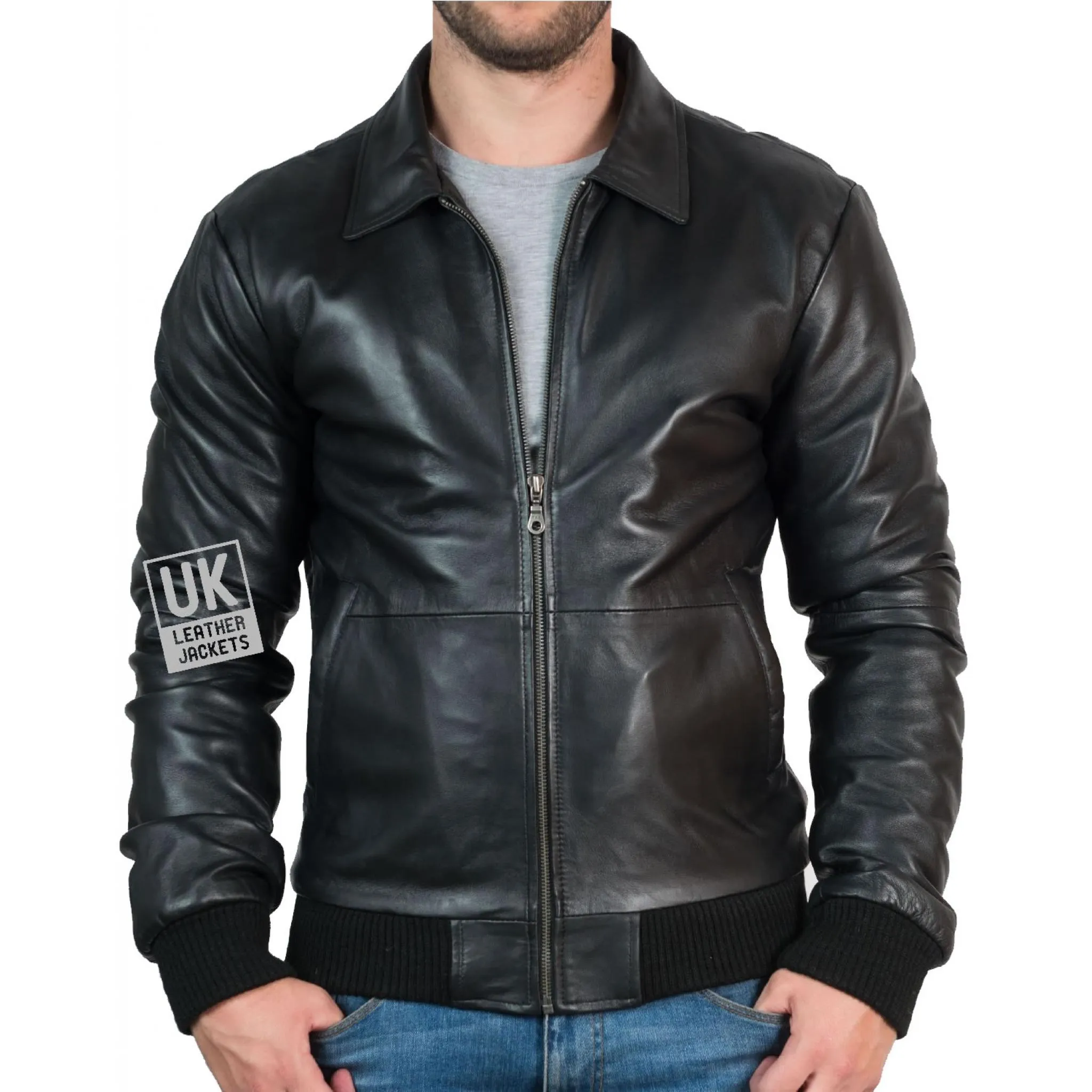 Men's Black Leather Bomber Jacket - Bristol | UK Leather Jackets