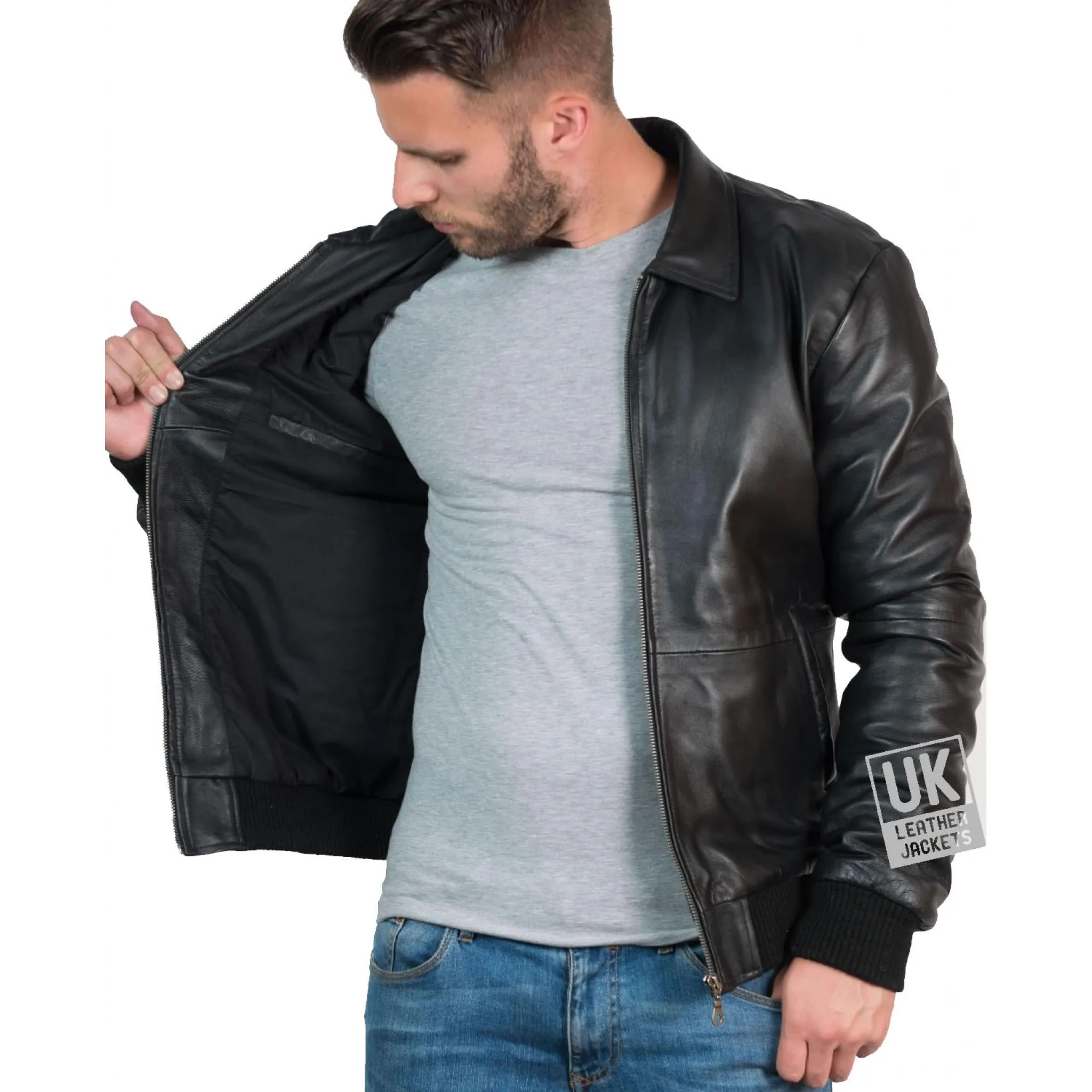 Men's Black Leather Bomber Jacket - Bristol | UK Leather Jackets