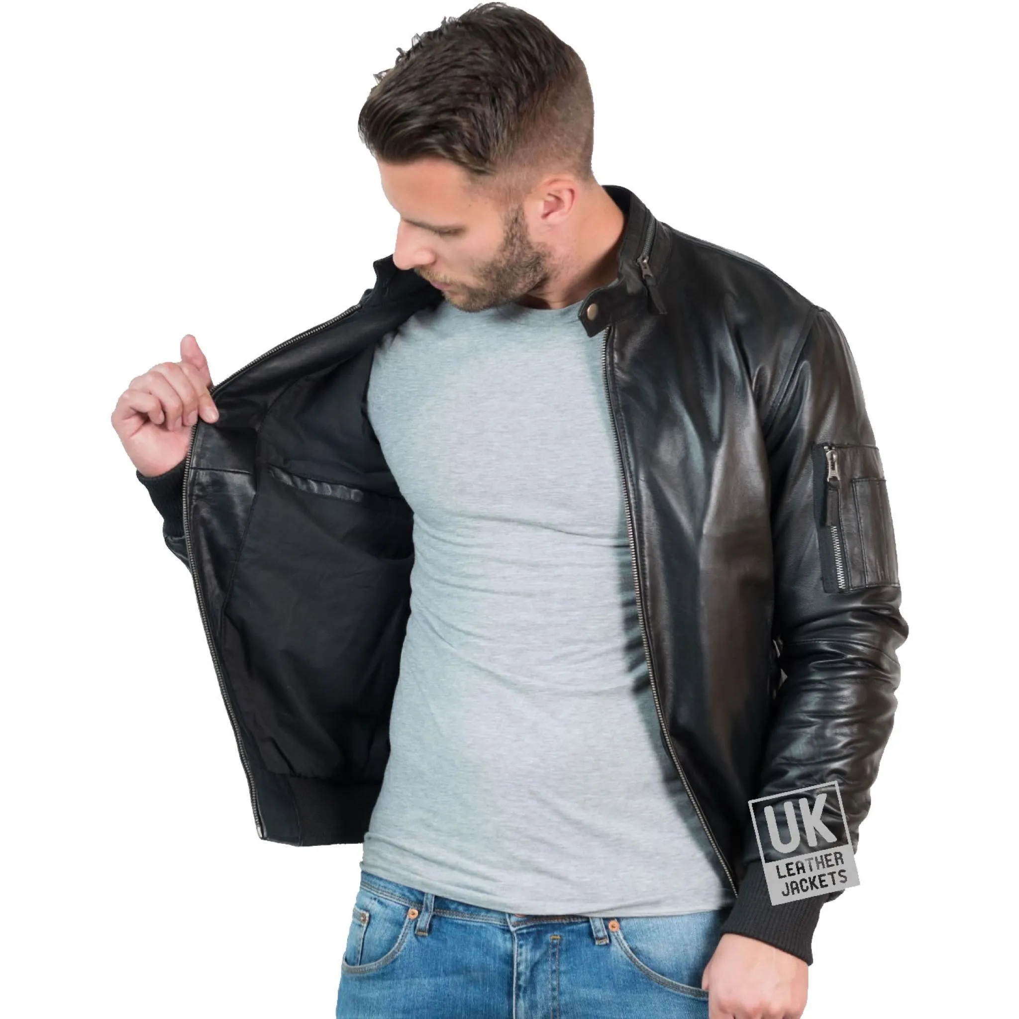 Black Leather Bomber Jacket for Men by Voltan