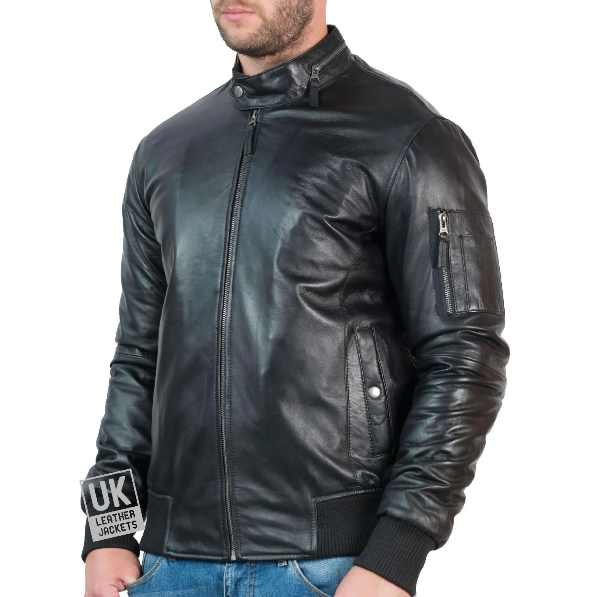 Black Leather Bomber Jacket for Men by Voltan