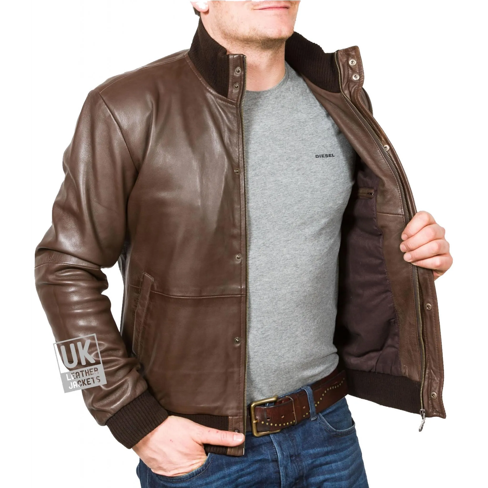 Pacific Men's Brown Leather Bomber Jacket