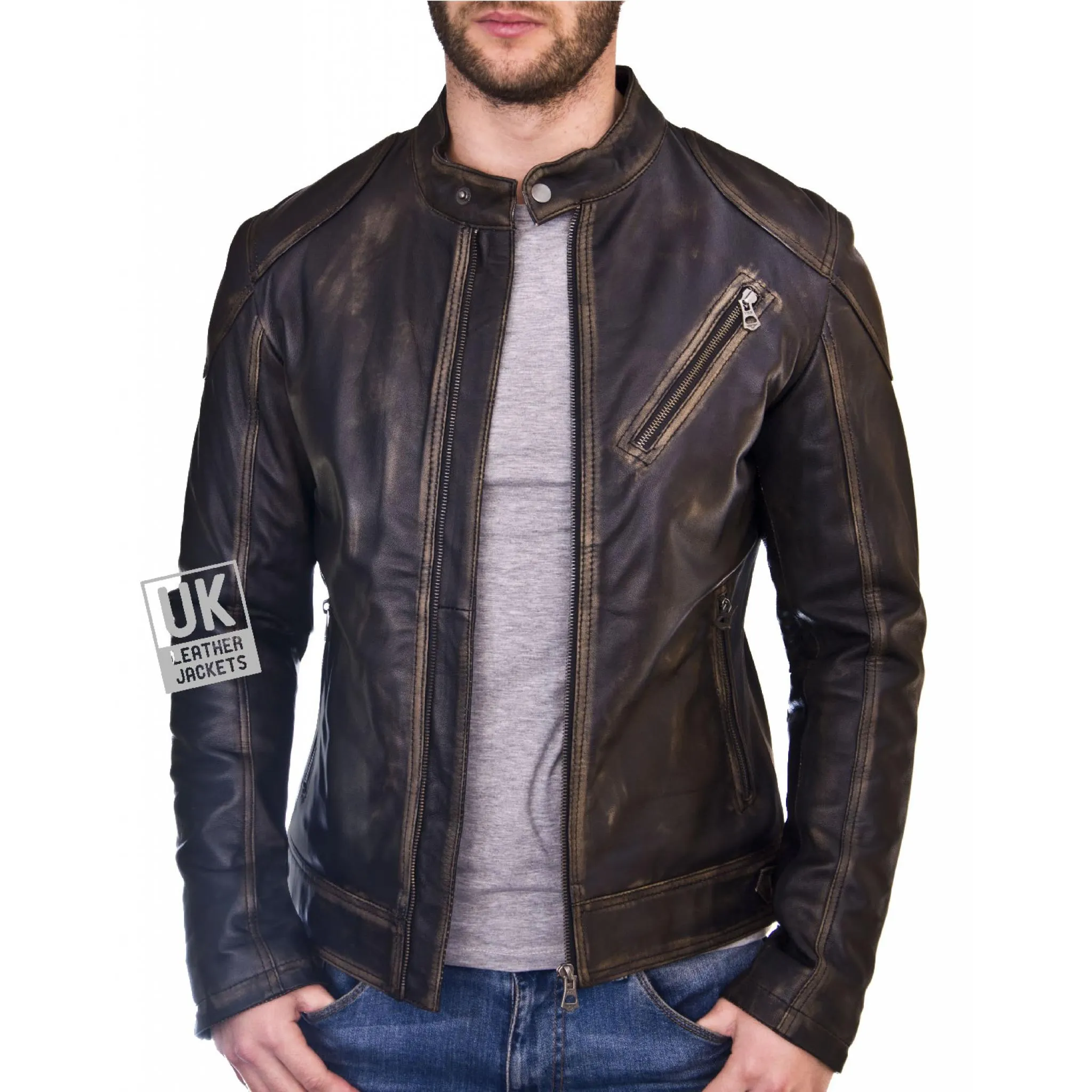 Black Burnished Leather Jacket for Men - Theo