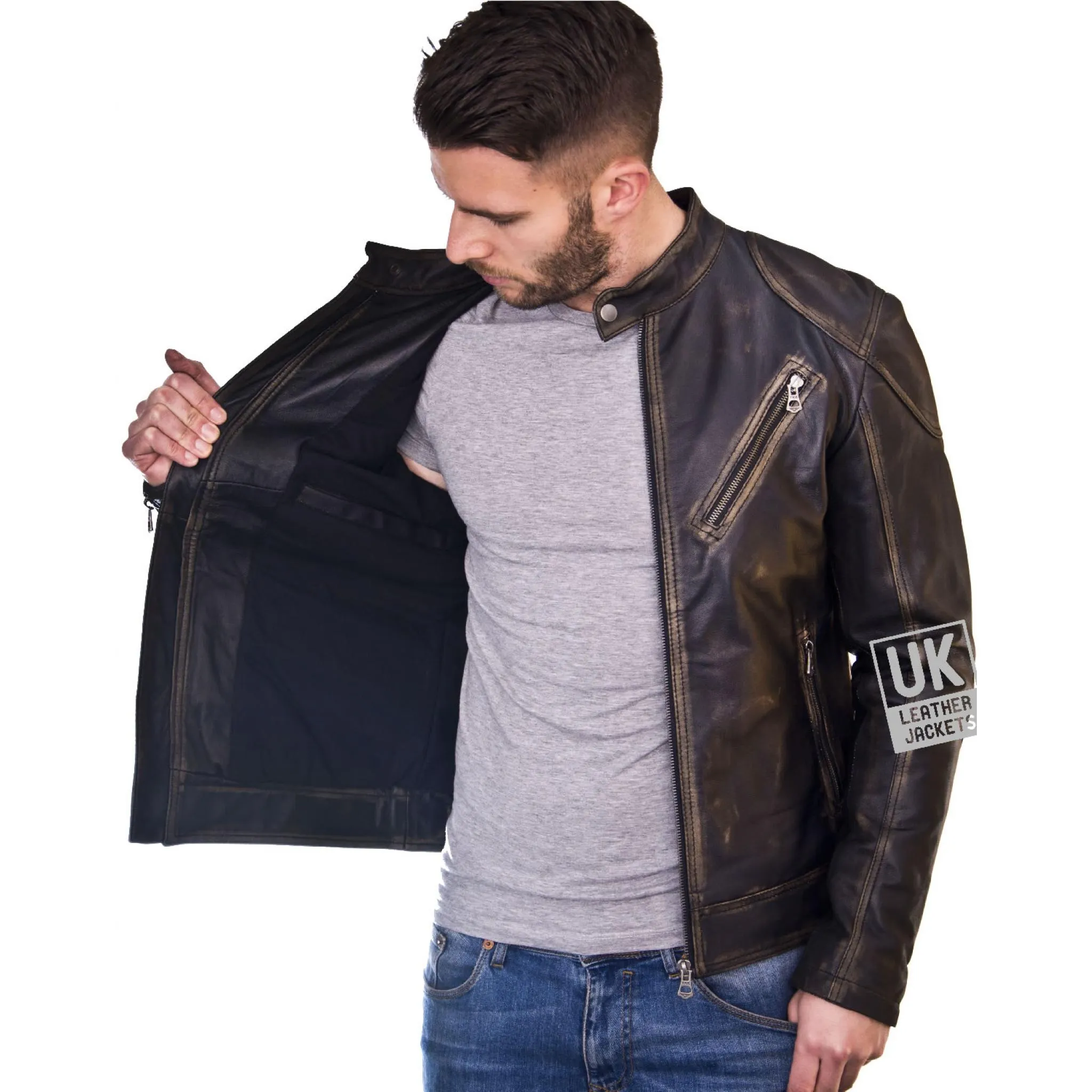 Black Burnished Leather Jacket for Men - Theo