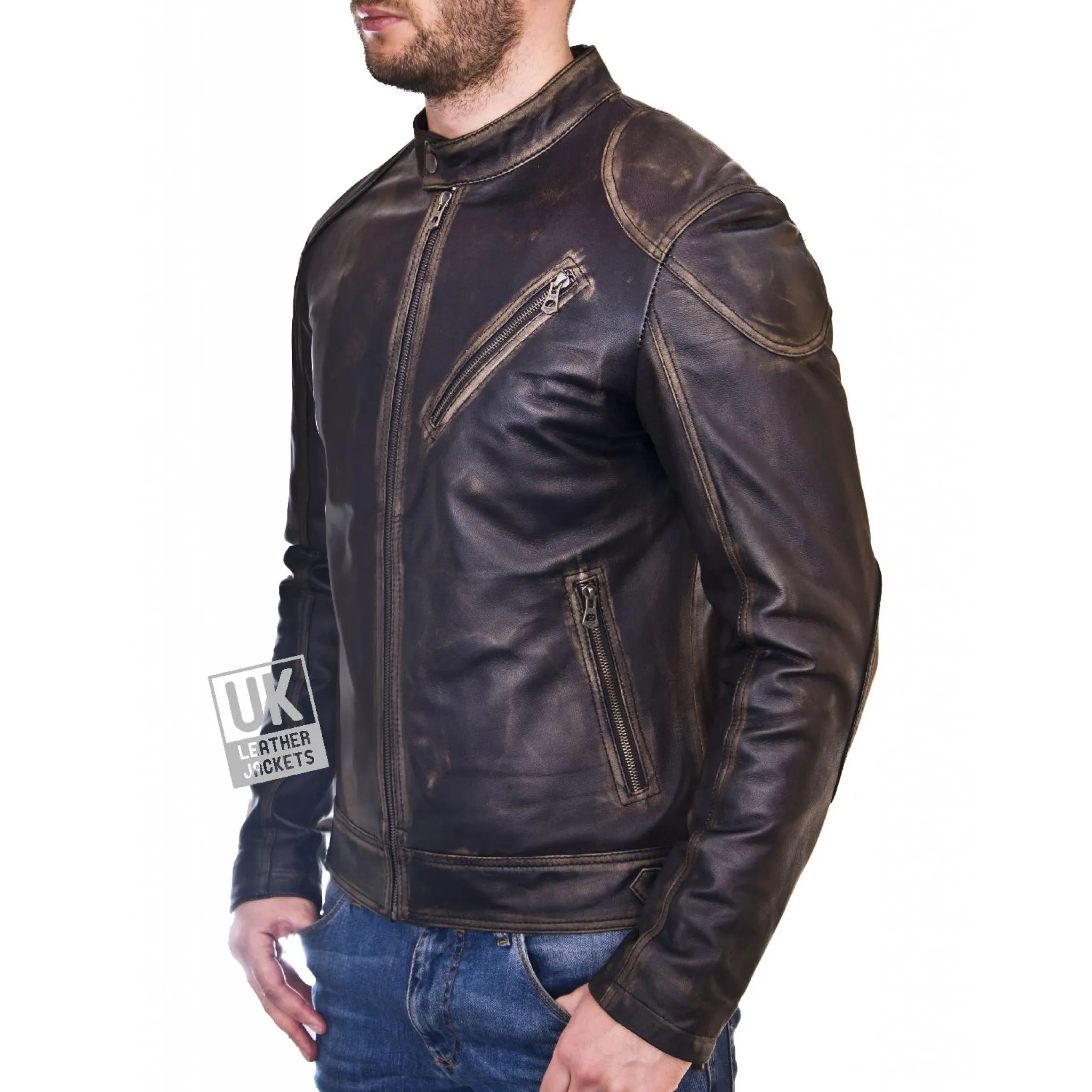 Black Burnished Leather Jacket for Men - Theo