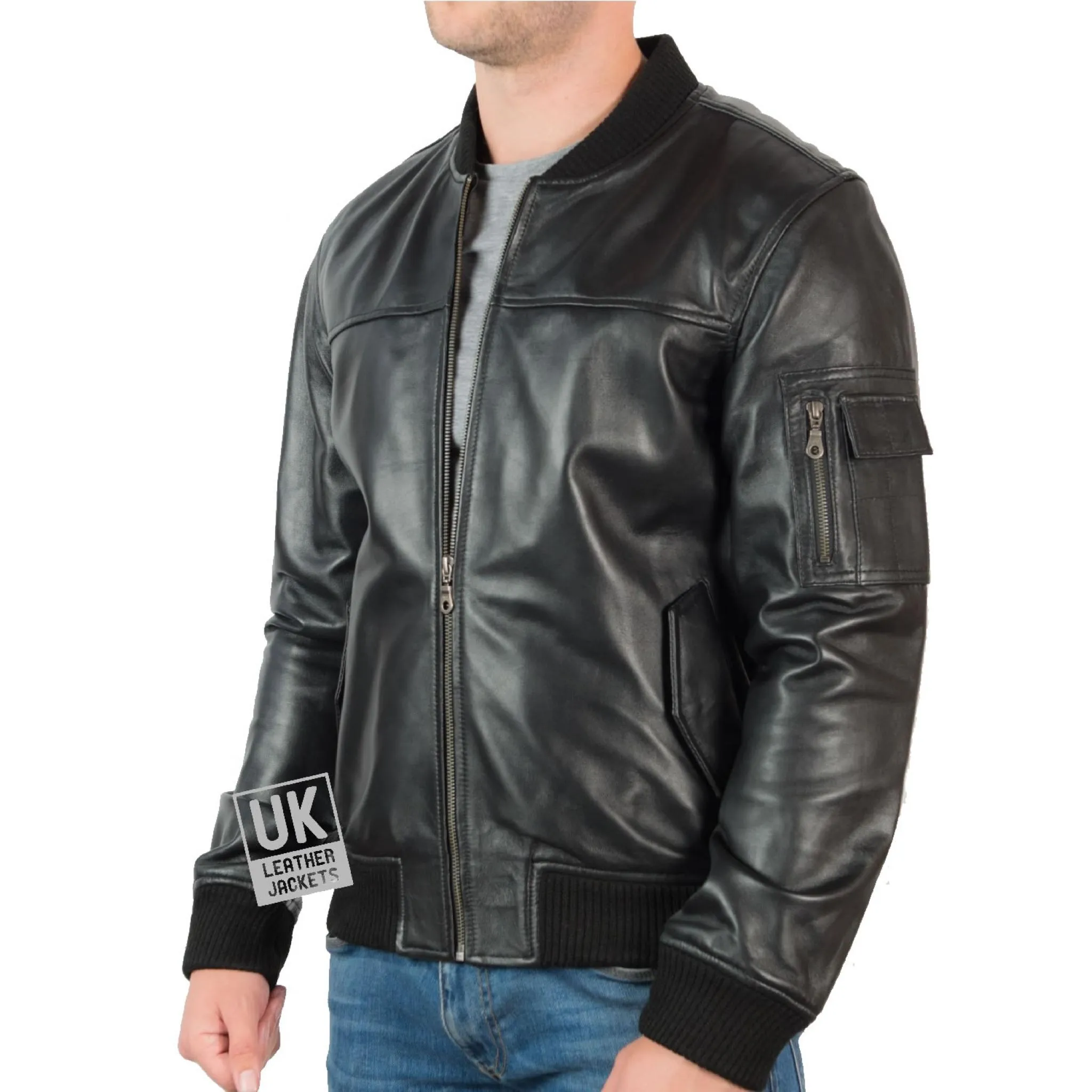 Mens Black Leather Bomber Jacket MA-1 UK Leather Jackets