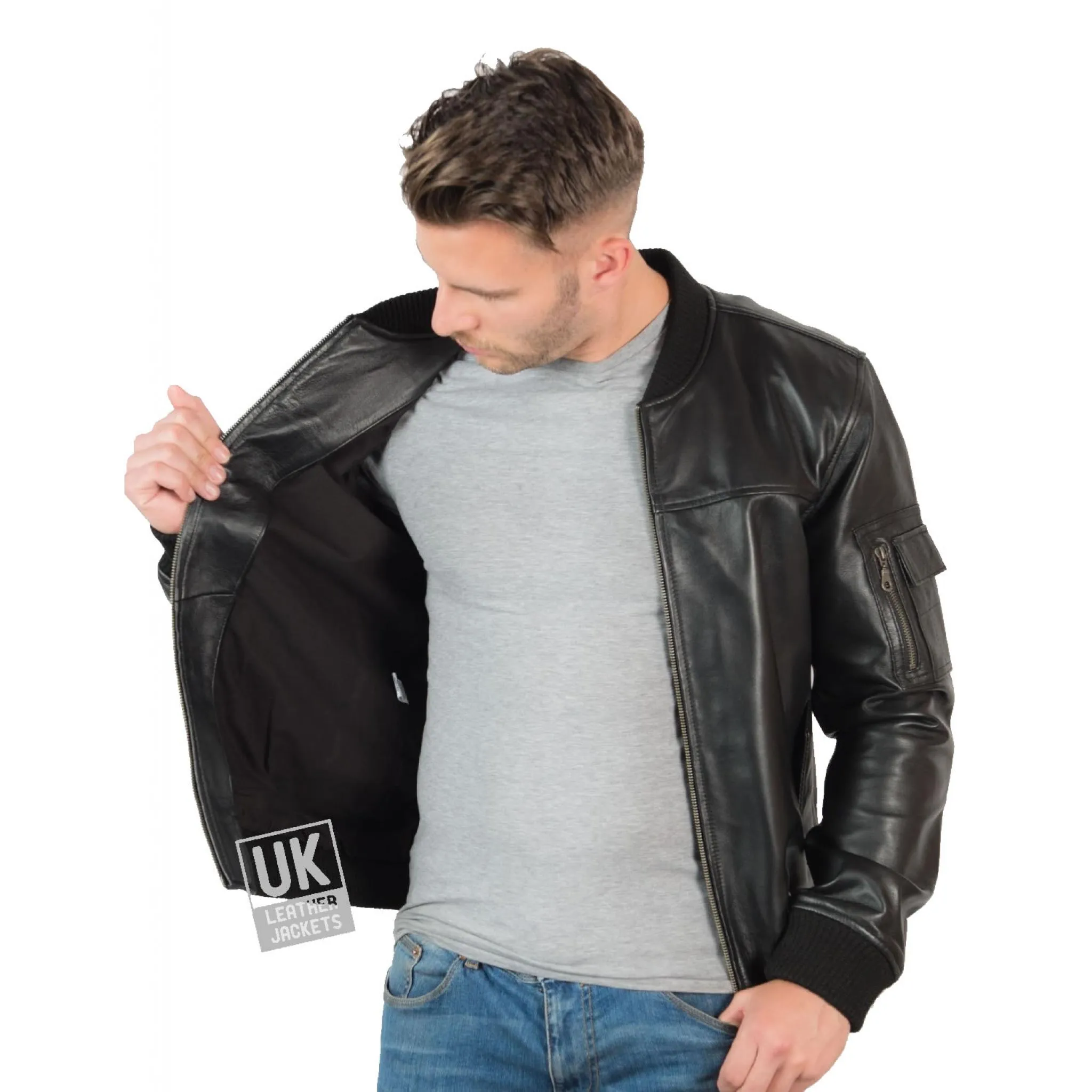 Mens Black Leather Bomber Jacket MA-1 UK Leather Jackets