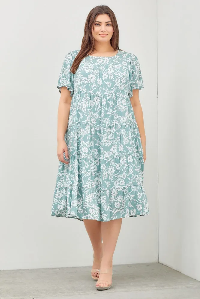 Mint Green Plus Size Dress with Short Sleeves and Floral Tiers