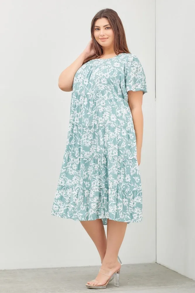 Mint Green Plus Size Dress with Short Sleeves and Floral Tiers