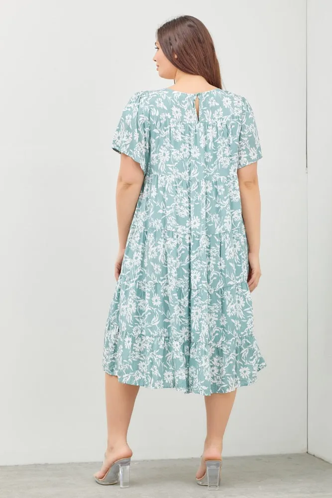 Mint Green Plus Size Dress with Short Sleeves and Floral Tiers