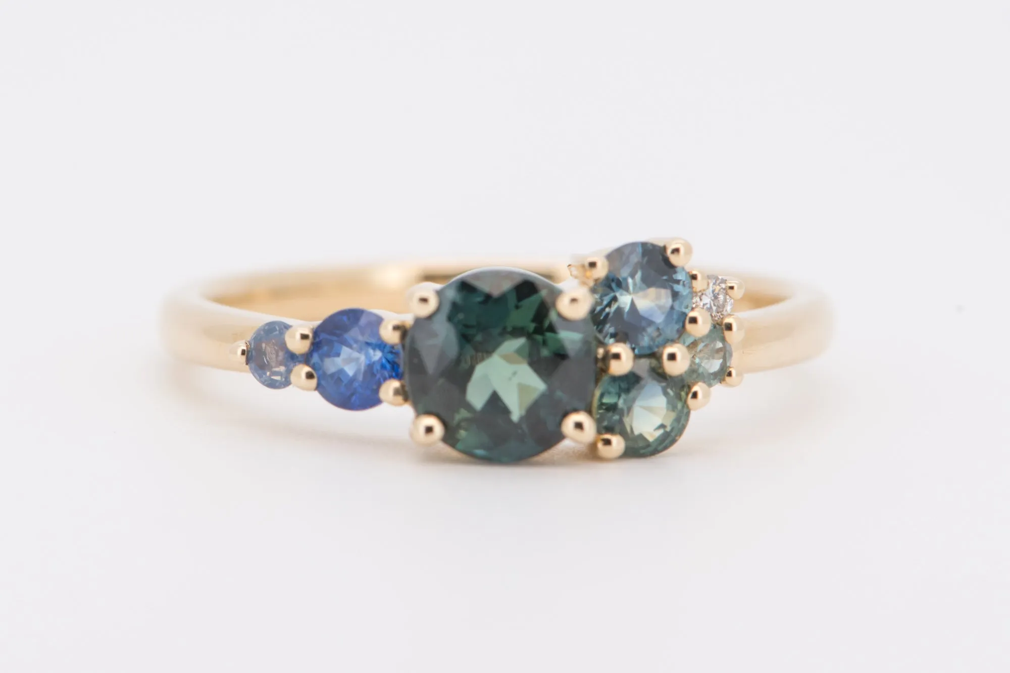 Mermaid Sapphire Cluster Ring in 14K Gold with Nigerian Montana Stones