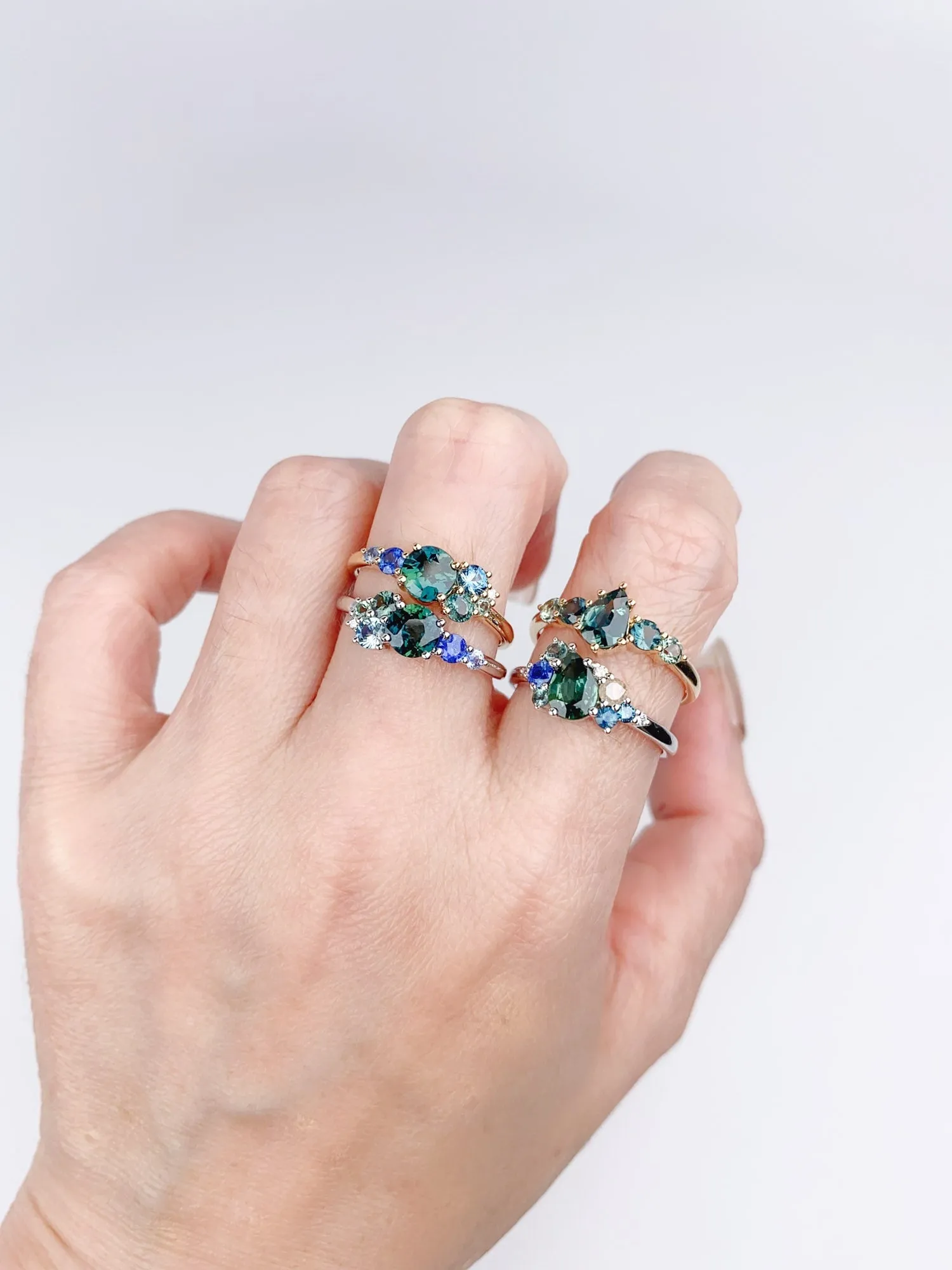 Mermaid Sapphire Cluster Ring in 14K Gold with Nigerian Montana Stones