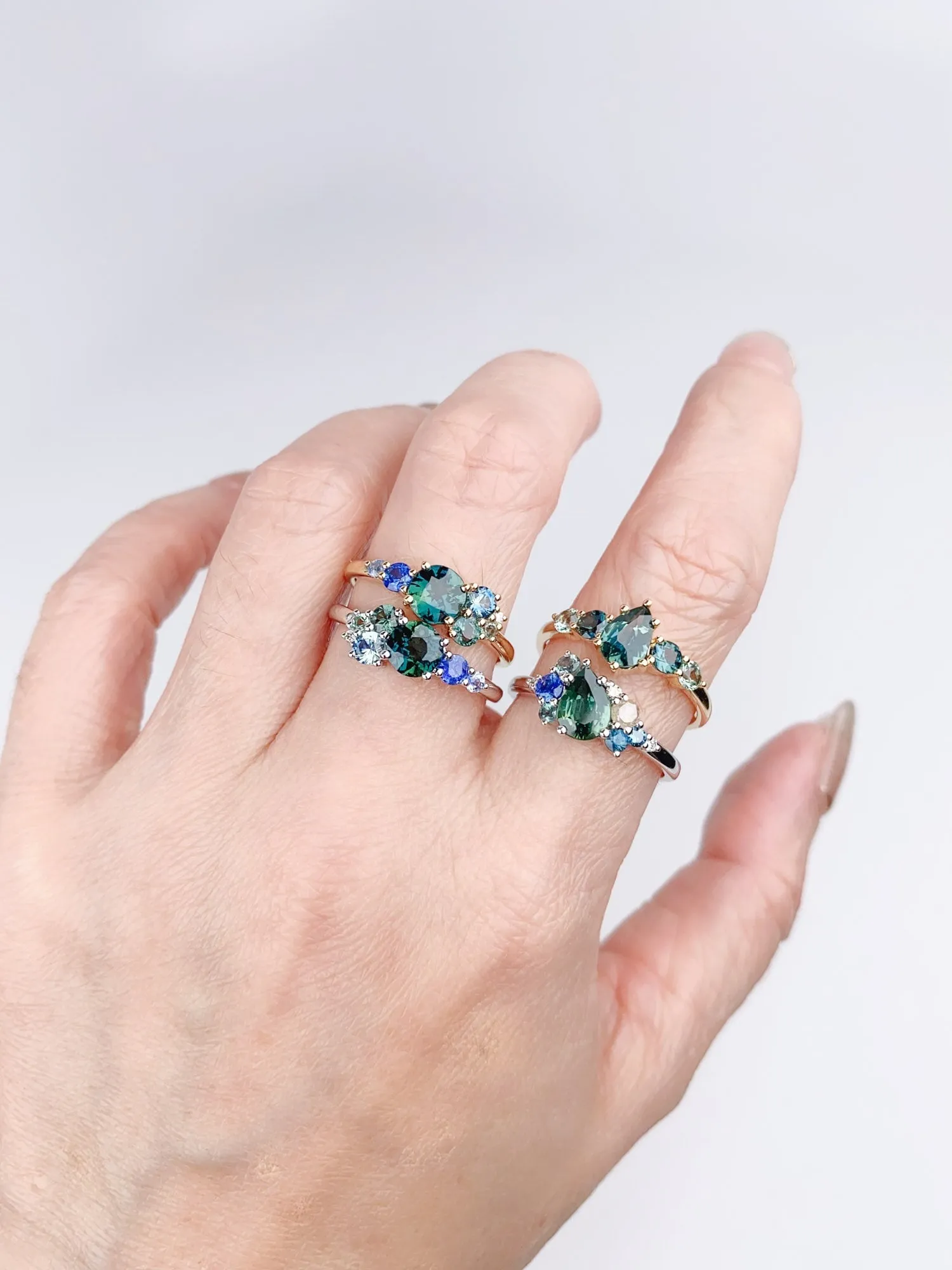 Mermaid Sapphire Cluster Ring in 14K Gold with Nigerian Montana Stones