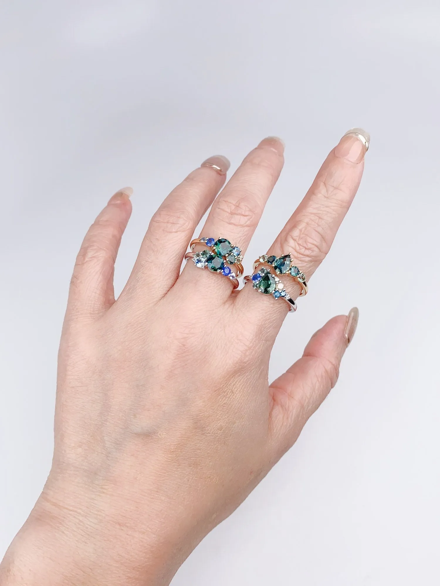 Mermaid Sapphire Cluster Ring in 14K Gold with Nigerian Montana Stones