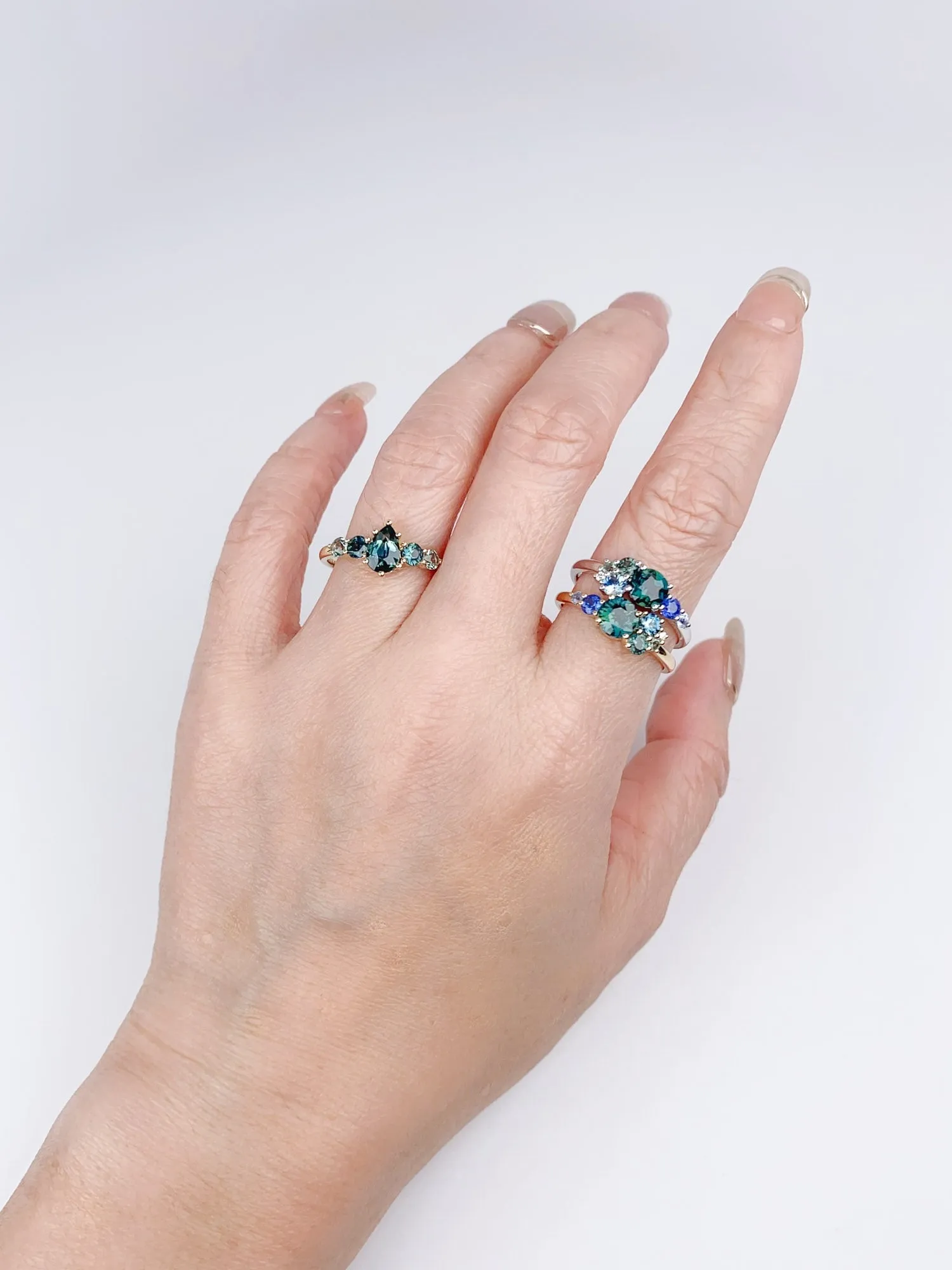 Mermaid Sapphire Cluster Ring in 14K Gold with Nigerian Montana Stones