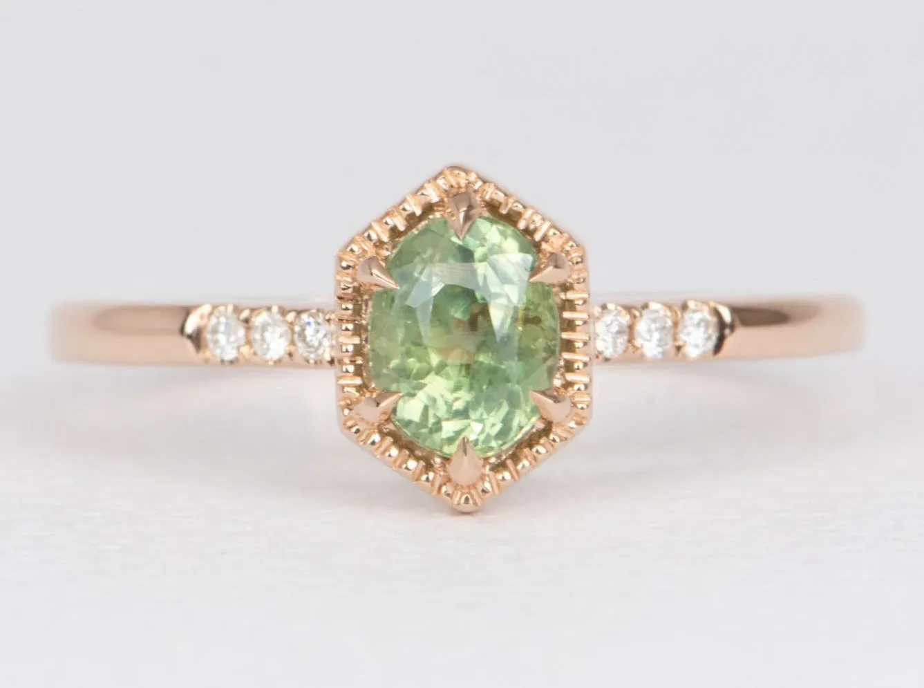 Moss Green Montana Sapphire Engagement Ring in Hexagon Setting with 14K Rose Gold