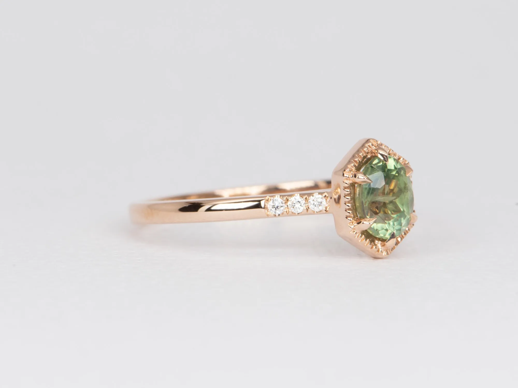 Moss Green Montana Sapphire Engagement Ring in Hexagon Setting with 14K Rose Gold