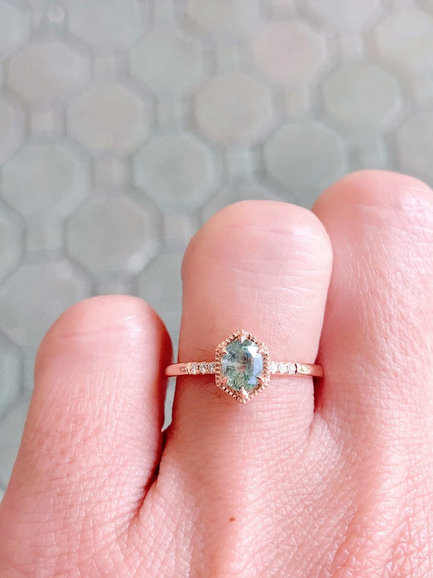 Moss Green Montana Sapphire Engagement Ring in Hexagon Setting with 14K Rose Gold