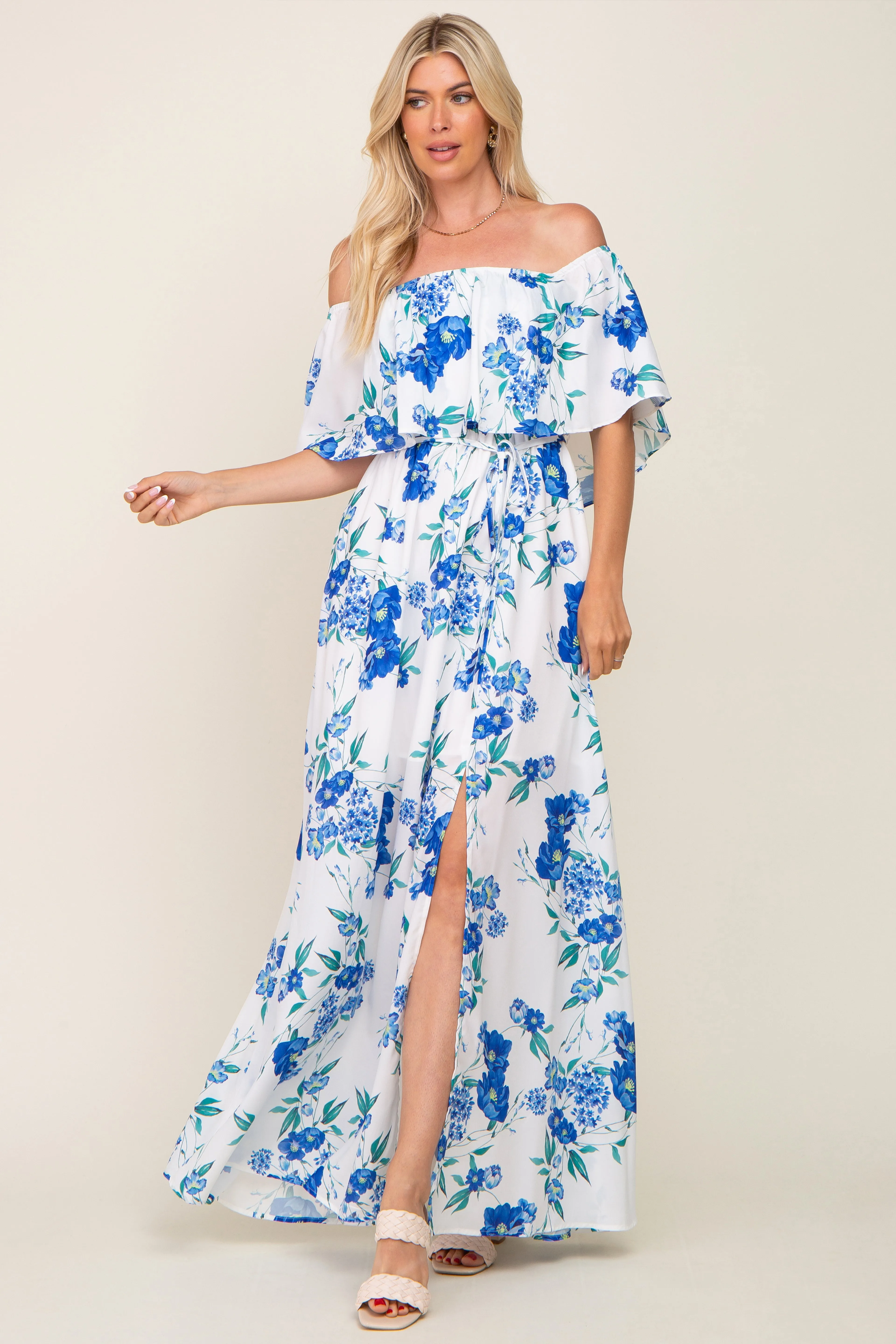 Off-Shoulder Maxi Dress with Blue Floral Overlay and Side Slit