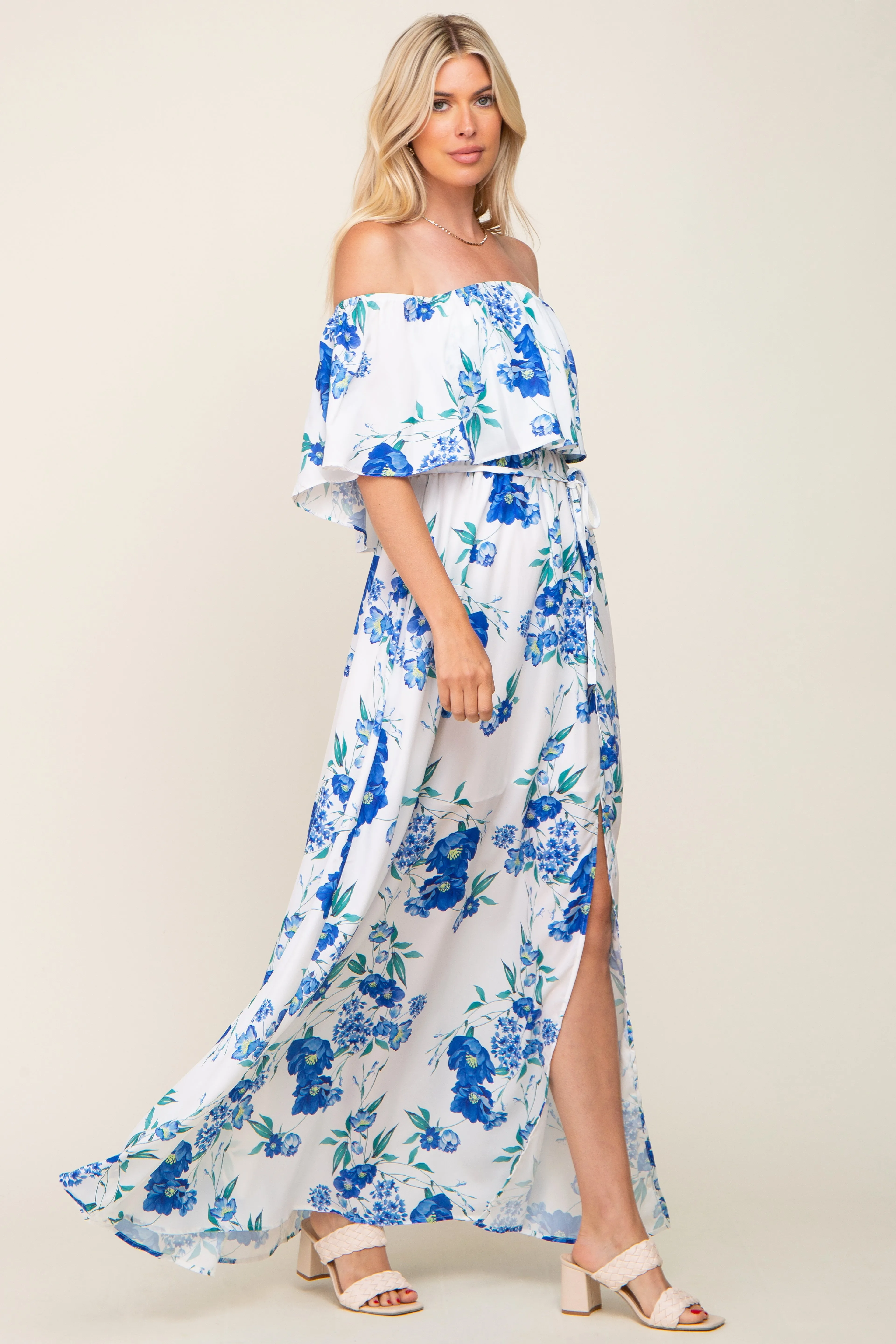 Off-Shoulder Maxi Dress with Blue Floral Overlay and Side Slit